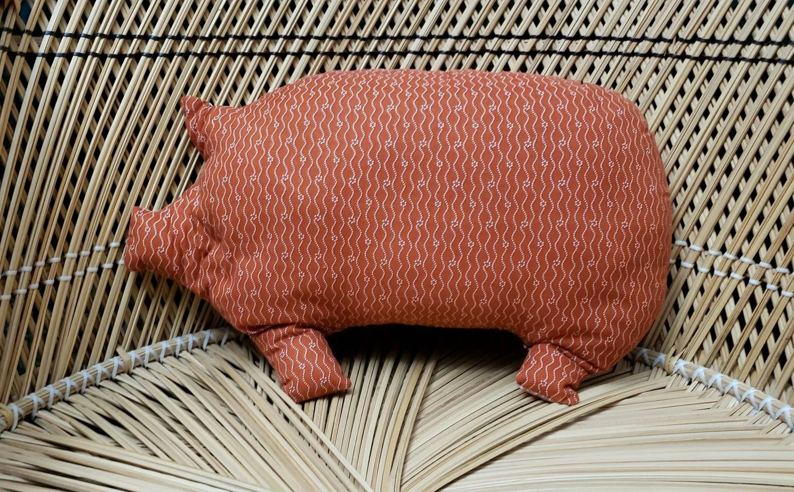 70s Brown Patchwork Pig Pillow 14"x10" - Image 8