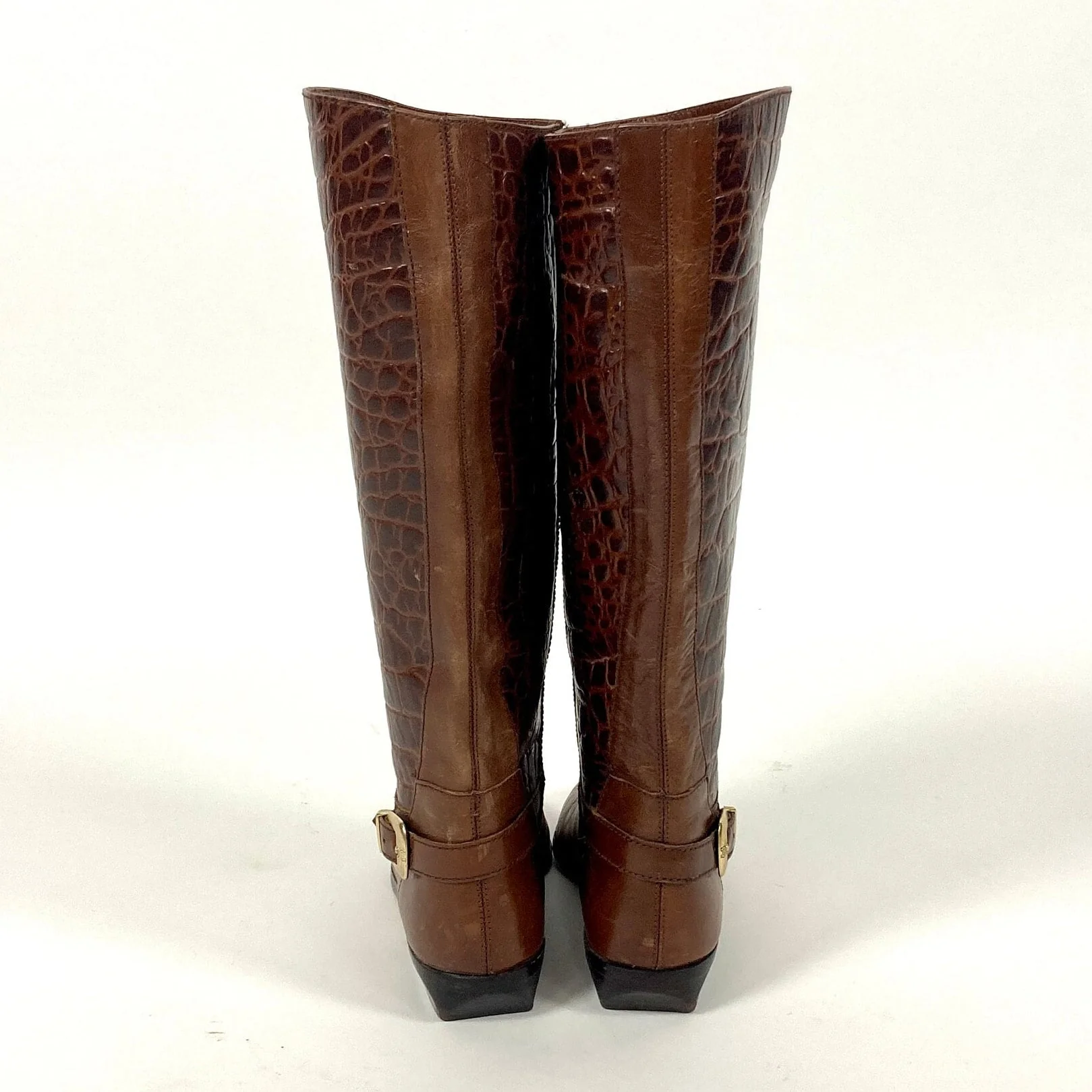 70s Brown Pebbled Leather Riding Boots Two Tone Cognac Tall Flat Cowboy Boots Checkered Buckle Riding Reptile by Etienne Aigner - Image 3