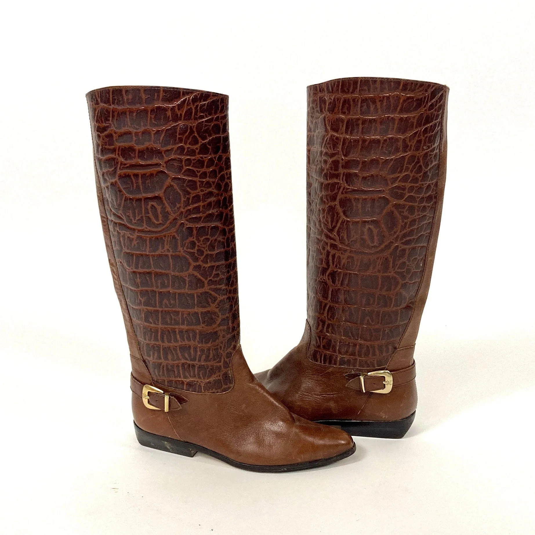 70s Brown Pebbled Leather Riding Boots Two Tone Cognac Tall Flat Cowboy Boots Checkered Buckle Riding Reptile by Etienne Aigner - Image 5
