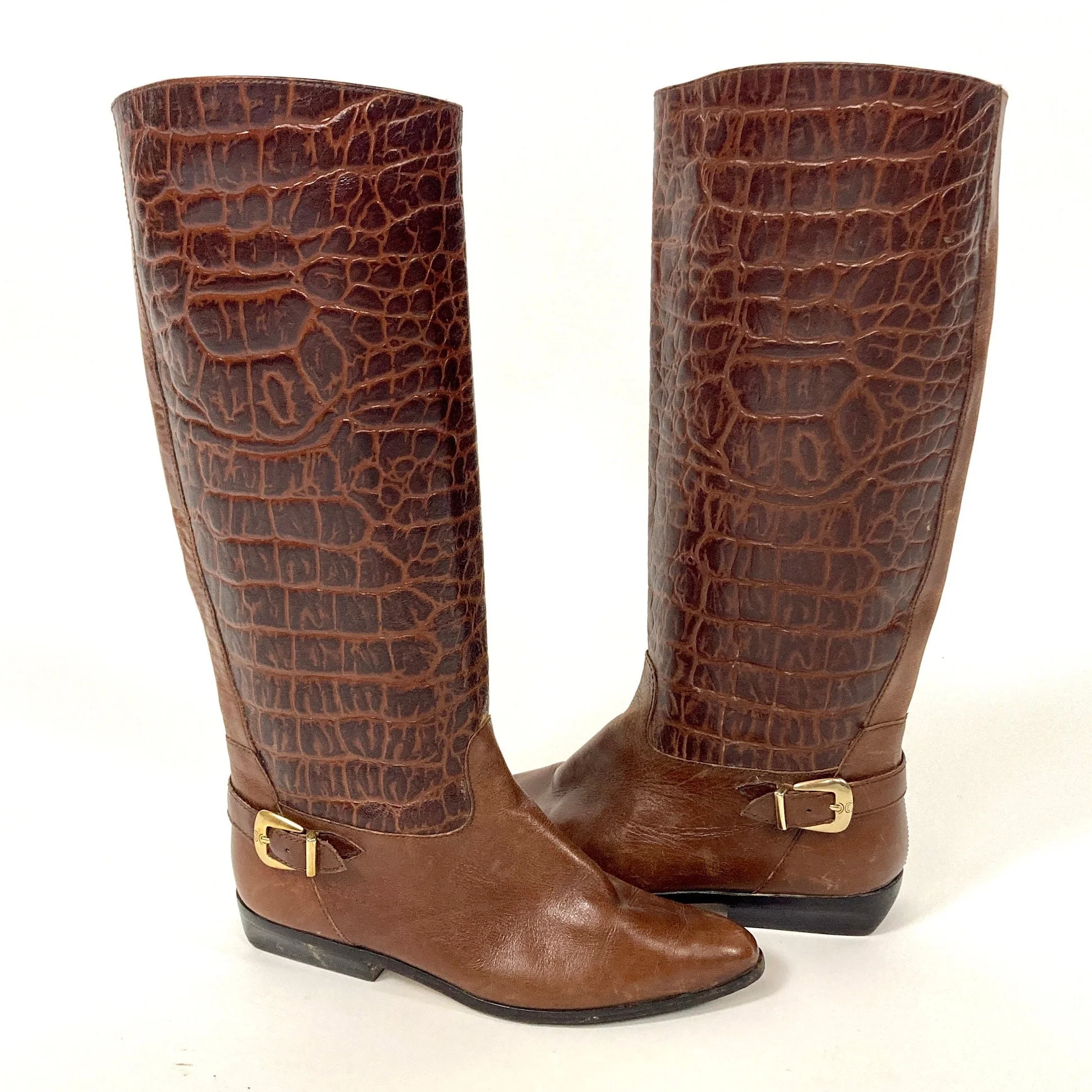 70s Brown Pebbled Leather Riding Boots Two Tone Cognac Tall Flat Cowboy Boots Checkered Buckle Riding Reptile by Etienne Aigner - Image 6