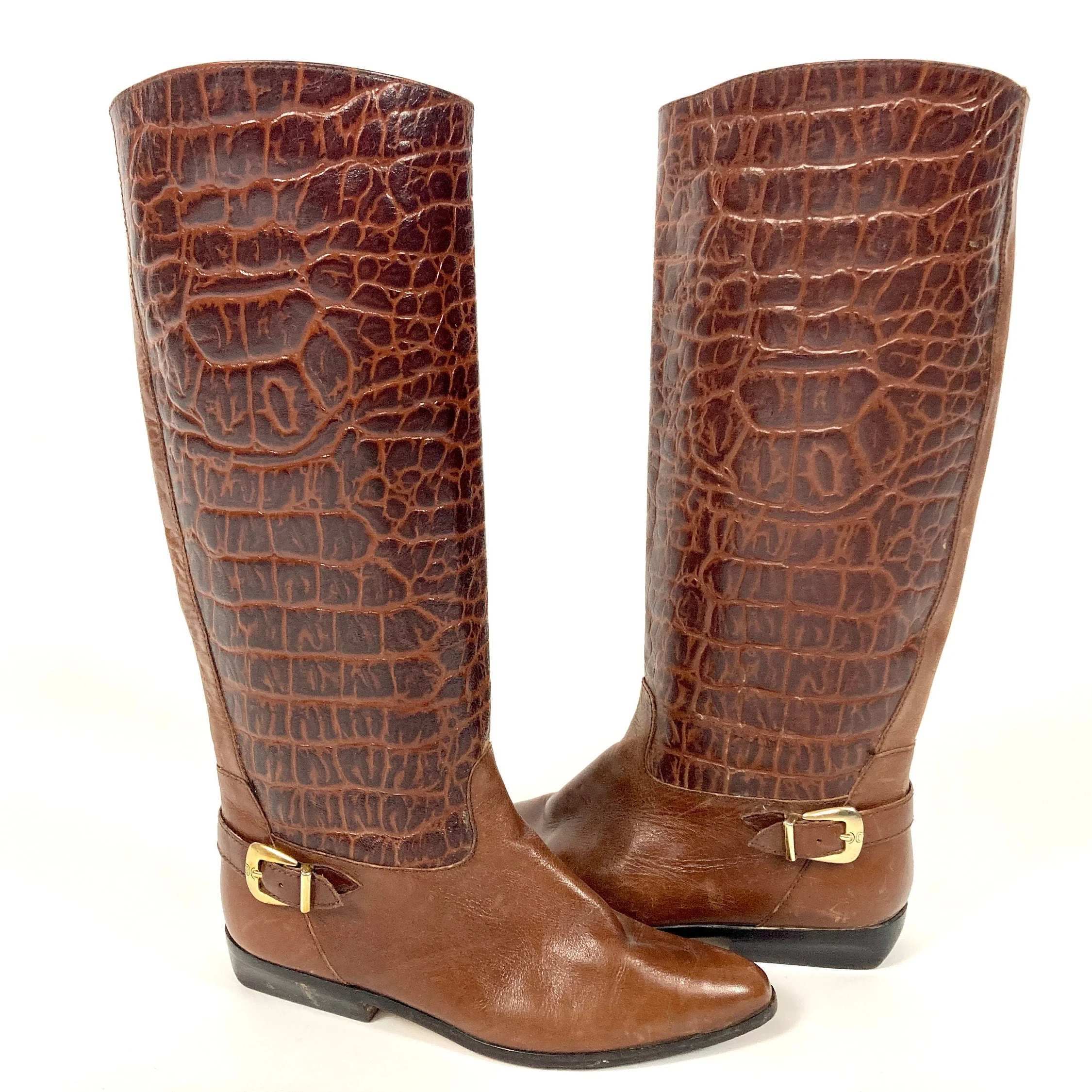 70s Brown Pebbled Leather Riding Boots Two Tone Cognac Tall Flat Cowboy Boots Checkered Buckle Riding Reptile by Etienne Aigner - Image 7