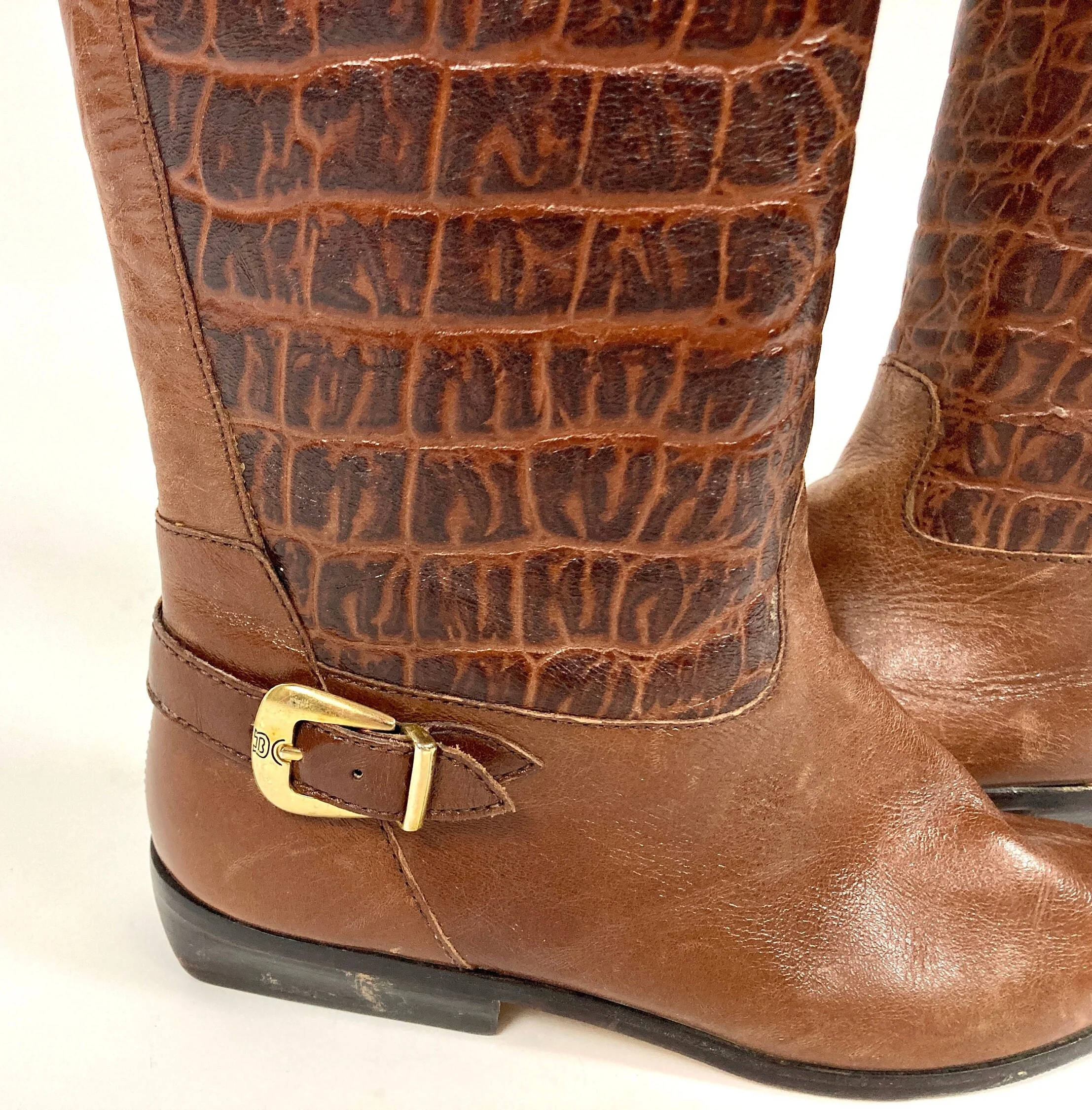 70s Brown Pebbled Leather Riding Boots Two Tone Cognac Tall Flat Cowboy Boots Checkered Buckle Riding Reptile by Etienne Aigner - Image 8