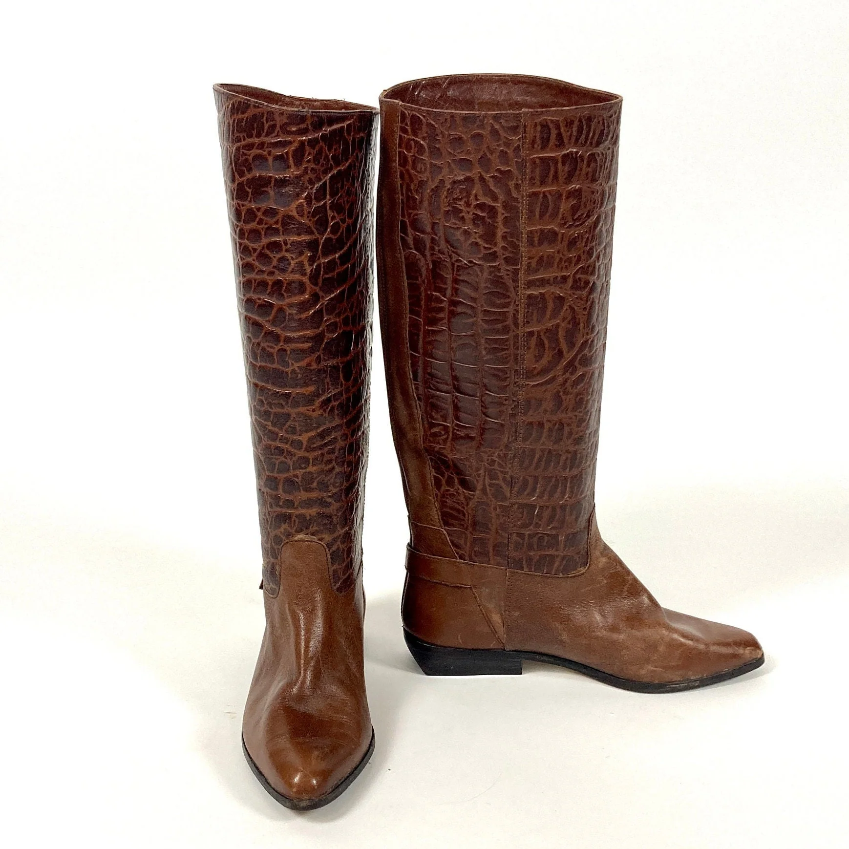 70s Brown Pebbled Leather Riding Boots Two Tone Cognac Tall Flat Cowboy Boots Checkered Buckle Riding Reptile by Etienne Aigner - Image 9