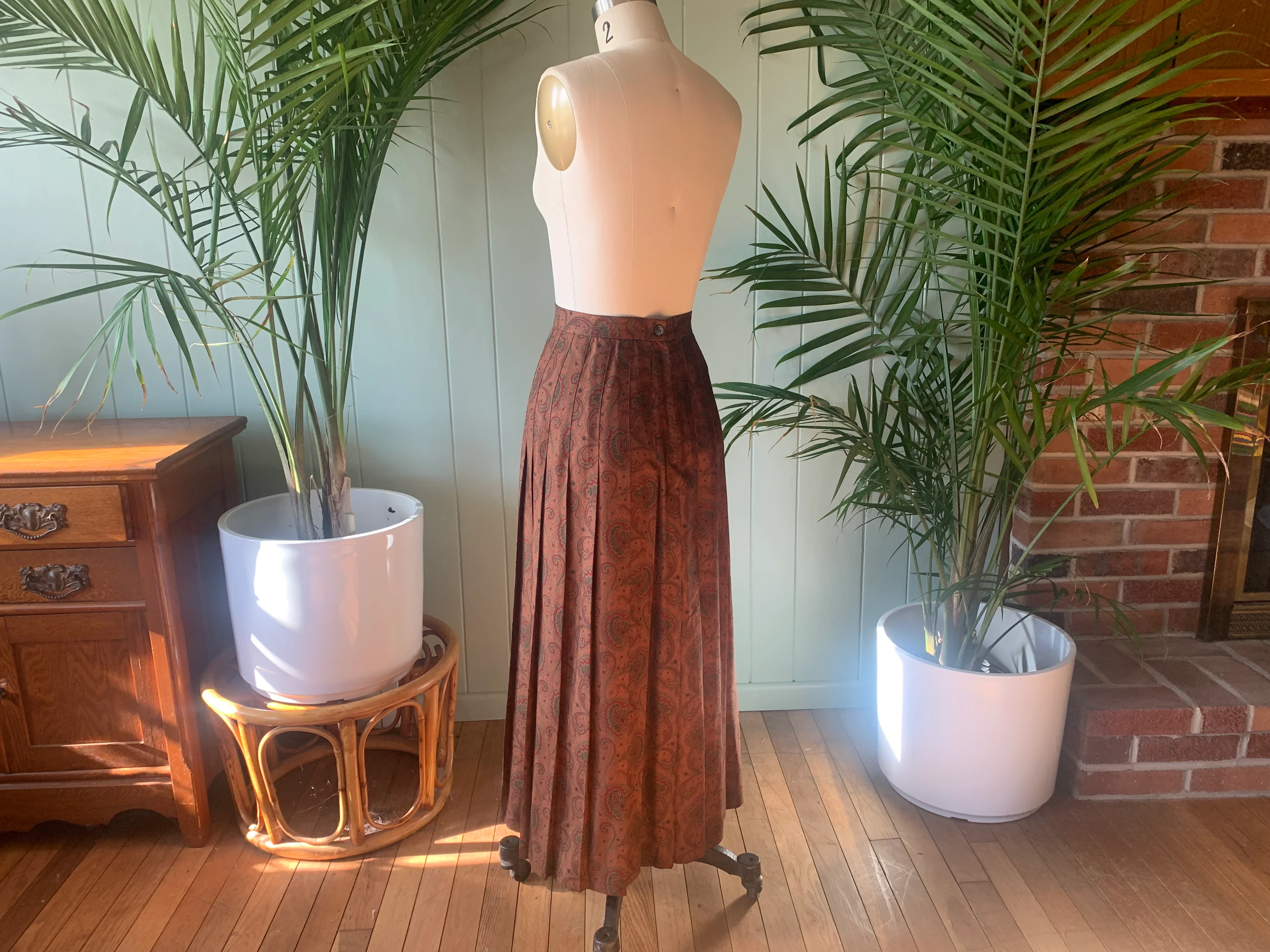 70s Brown Red Green Paisley Silk Pleated Midi Skirt By Hb - Image 6