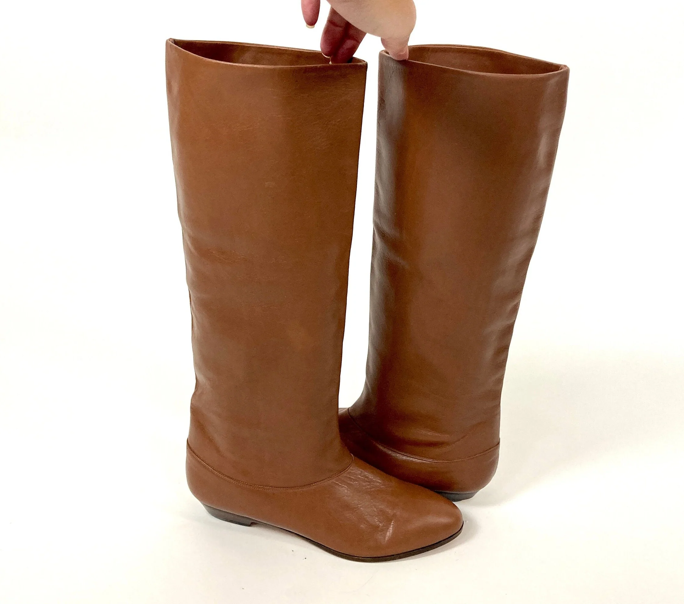 70s Brown Tall Leather Boots Flat Riding Vintage Cowboy Pirate Slouch Boots - Image 5