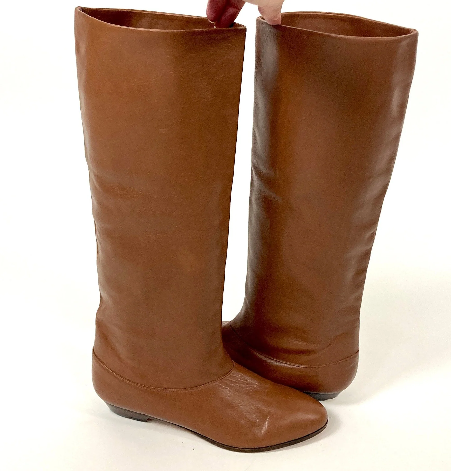 70s Brown Tall Leather Boots Flat Riding Vintage Cowboy Pirate Slouch Boots - Image 6