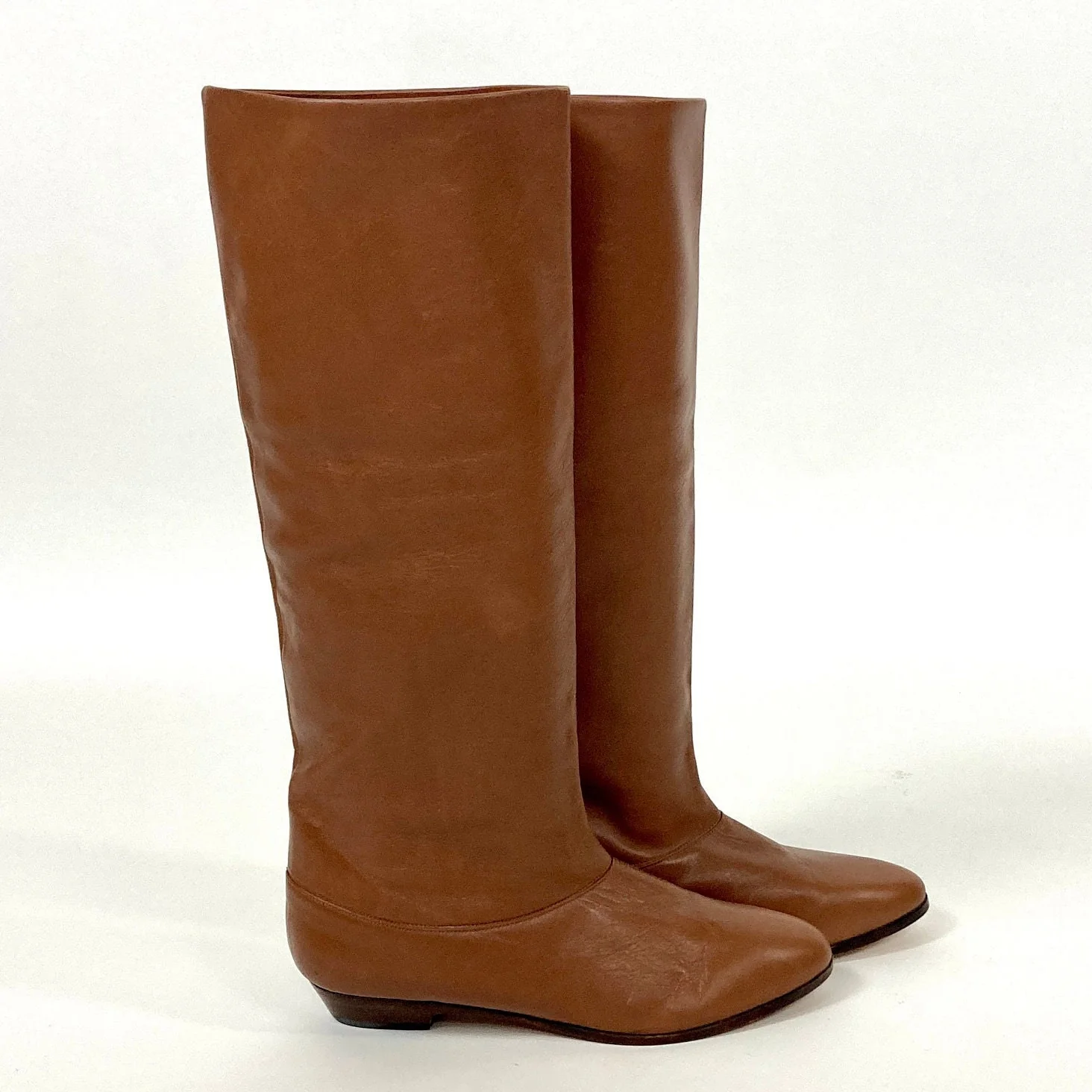 70s Brown Tall Leather Boots Flat Riding Vintage Cowboy Pirate Slouch Boots - Image 7