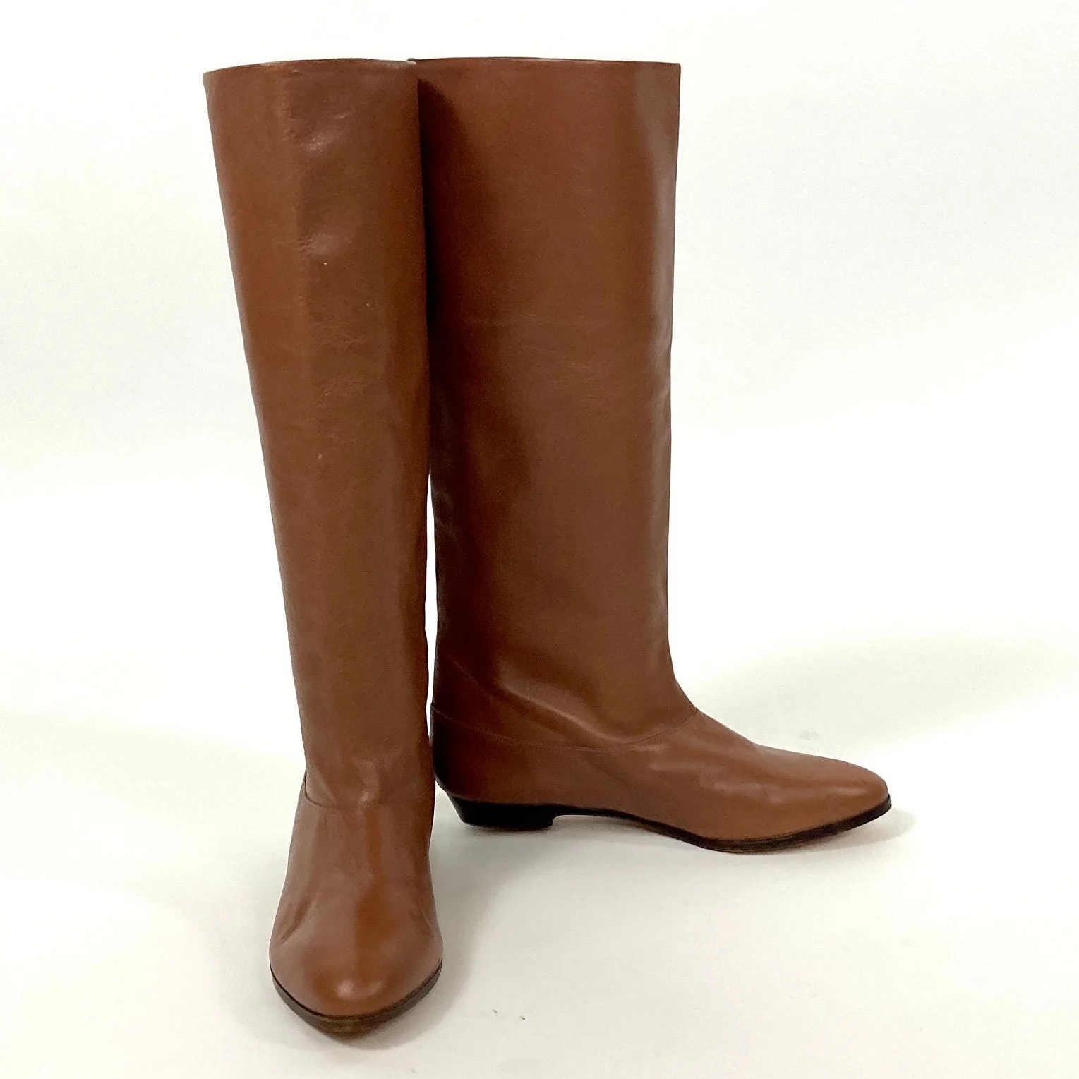 70s Brown Tall Leather Boots Flat Riding Vintage Cowboy Pirate Slouch Boots - Image 8