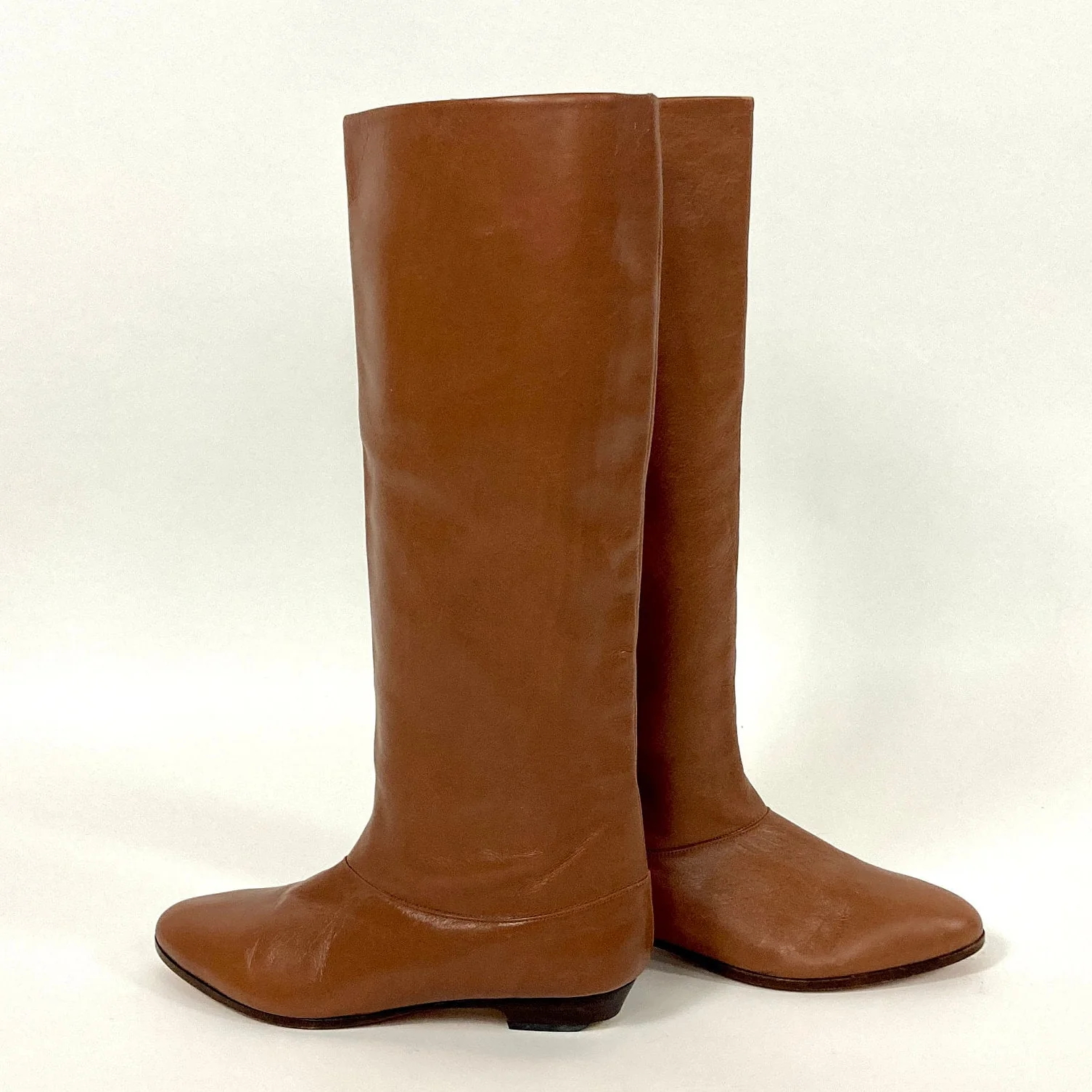 70s Brown Tall Leather Boots Flat Riding Vintage Cowboy Pirate Slouch Boots - Image 9