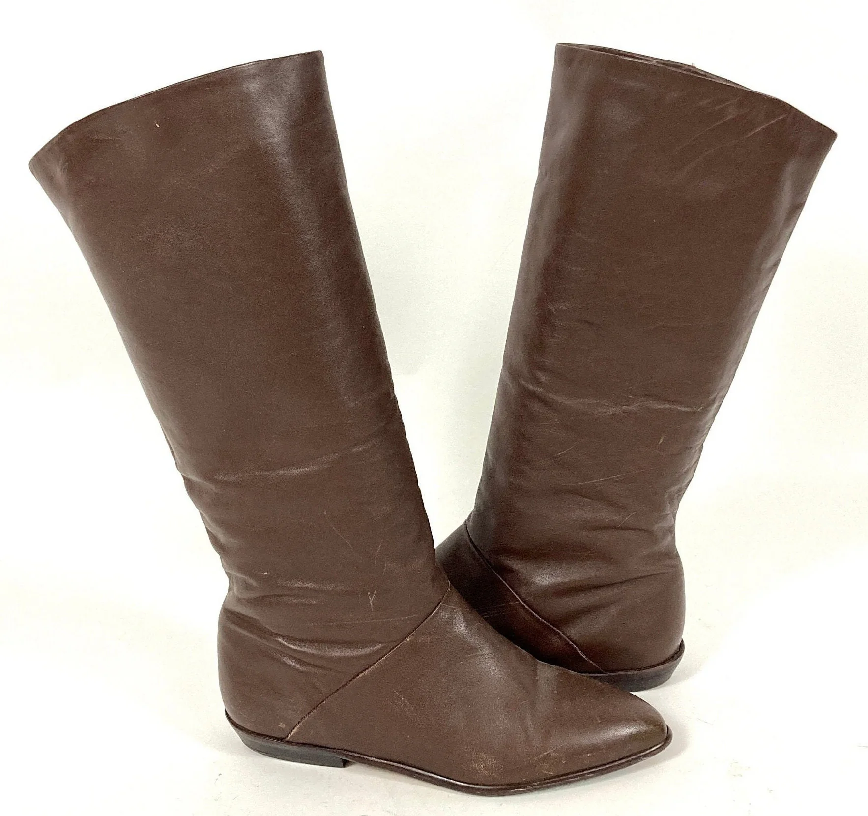 70s Brown Tall Leather Boots Flat Riding Vintage Cowboy Pirate Slouch by Jeline - Image 5