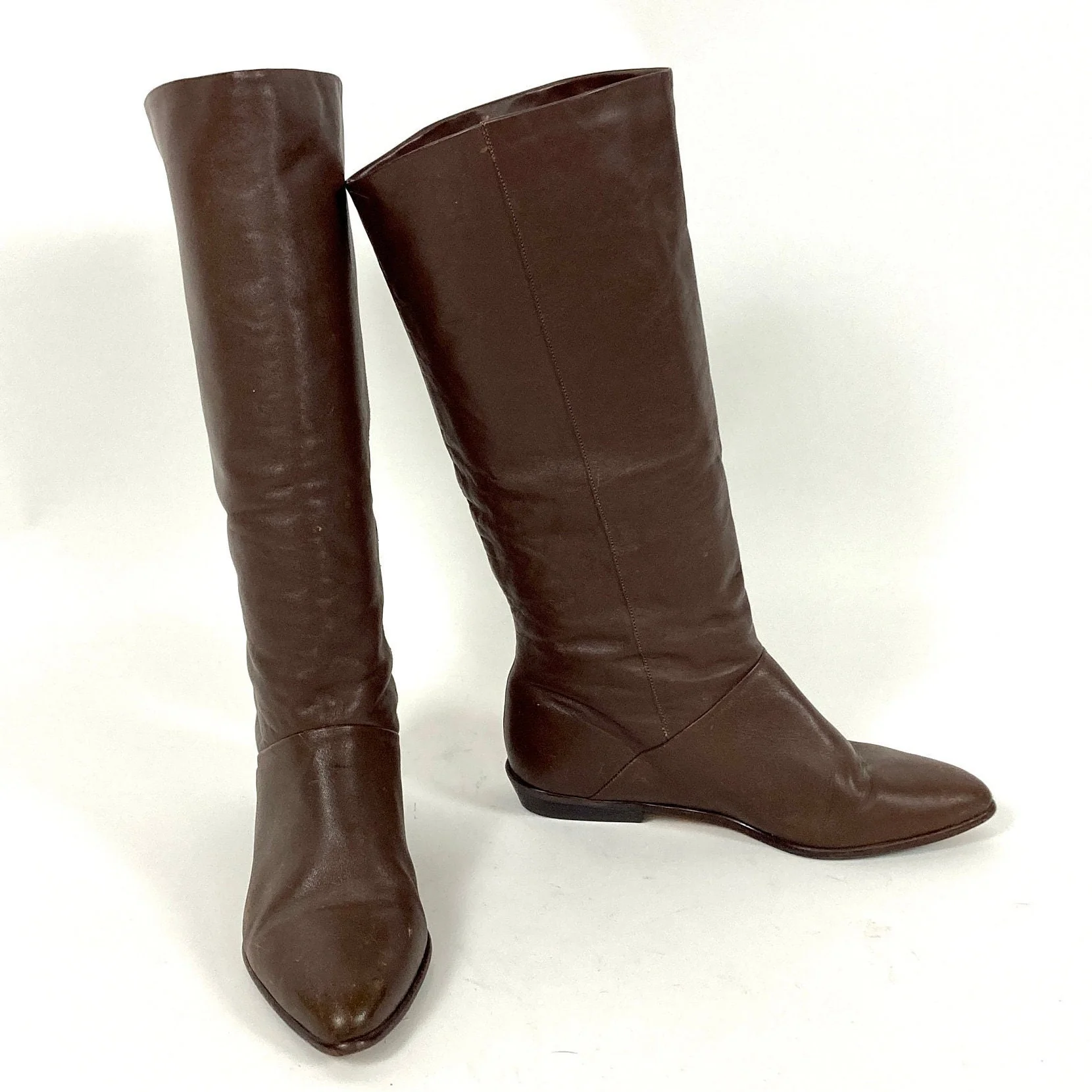 70s Brown Tall Leather Boots Flat Riding Vintage Cowboy Pirate Slouch by Jeline - Image 6