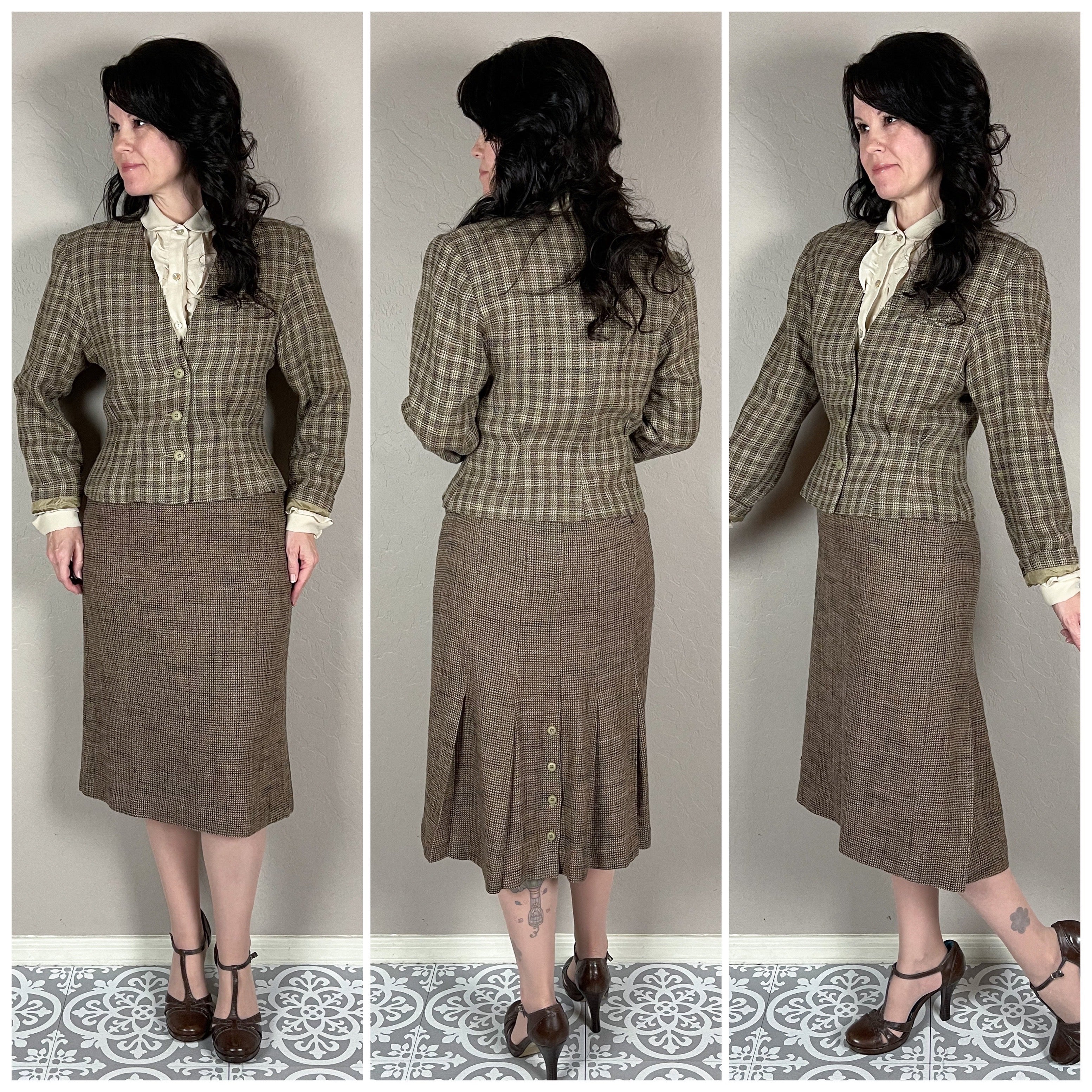 70s Brown Two Piece Tweed Skirt Suit By Baronesa Petites - Image 3