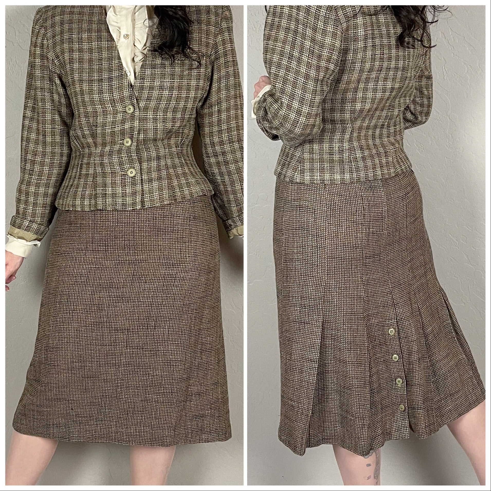 70s Brown Two Piece Tweed Skirt Suit By Baronesa Petites - Image 5