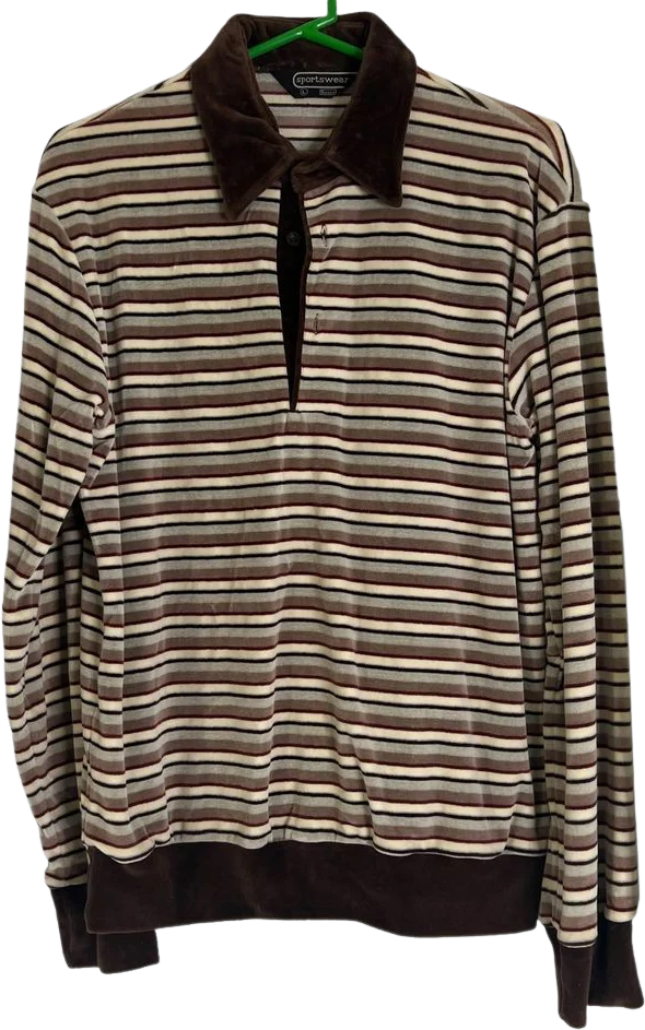 70s Brown Velour Striped Polo Shirt L By Sears