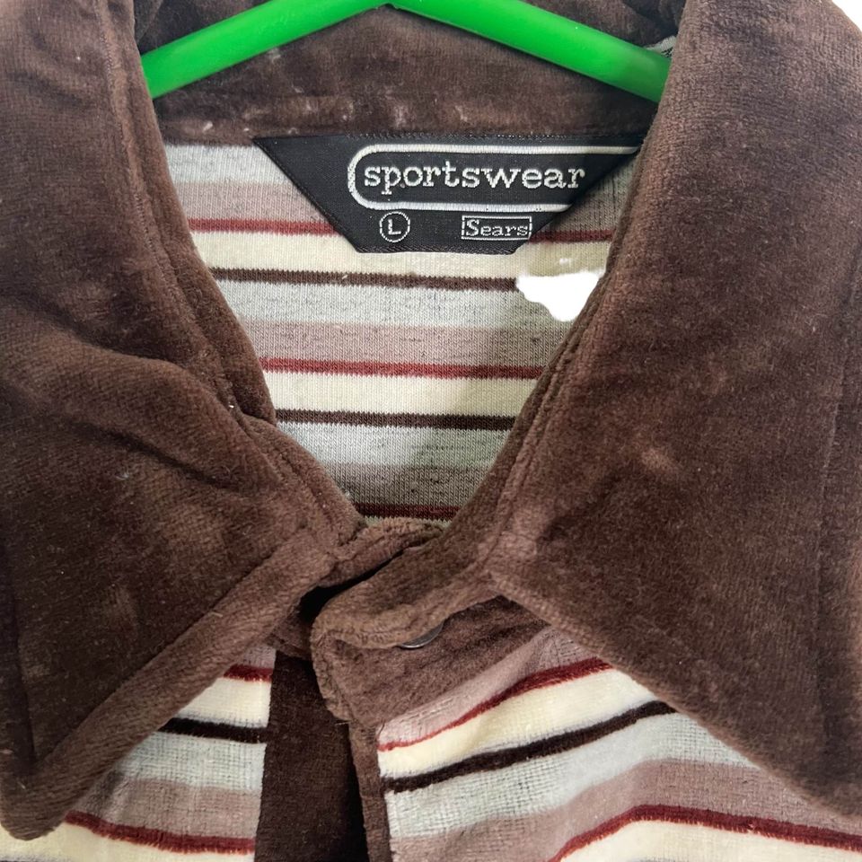 70s Brown Velour Striped Polo Shirt L By Sears - Image 3