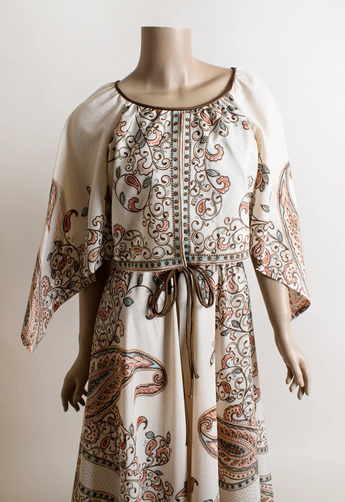 70s Brown& White Paisley Print Maxi Handkerchief Dress By Dalani Ii & I.magnin - Image 3