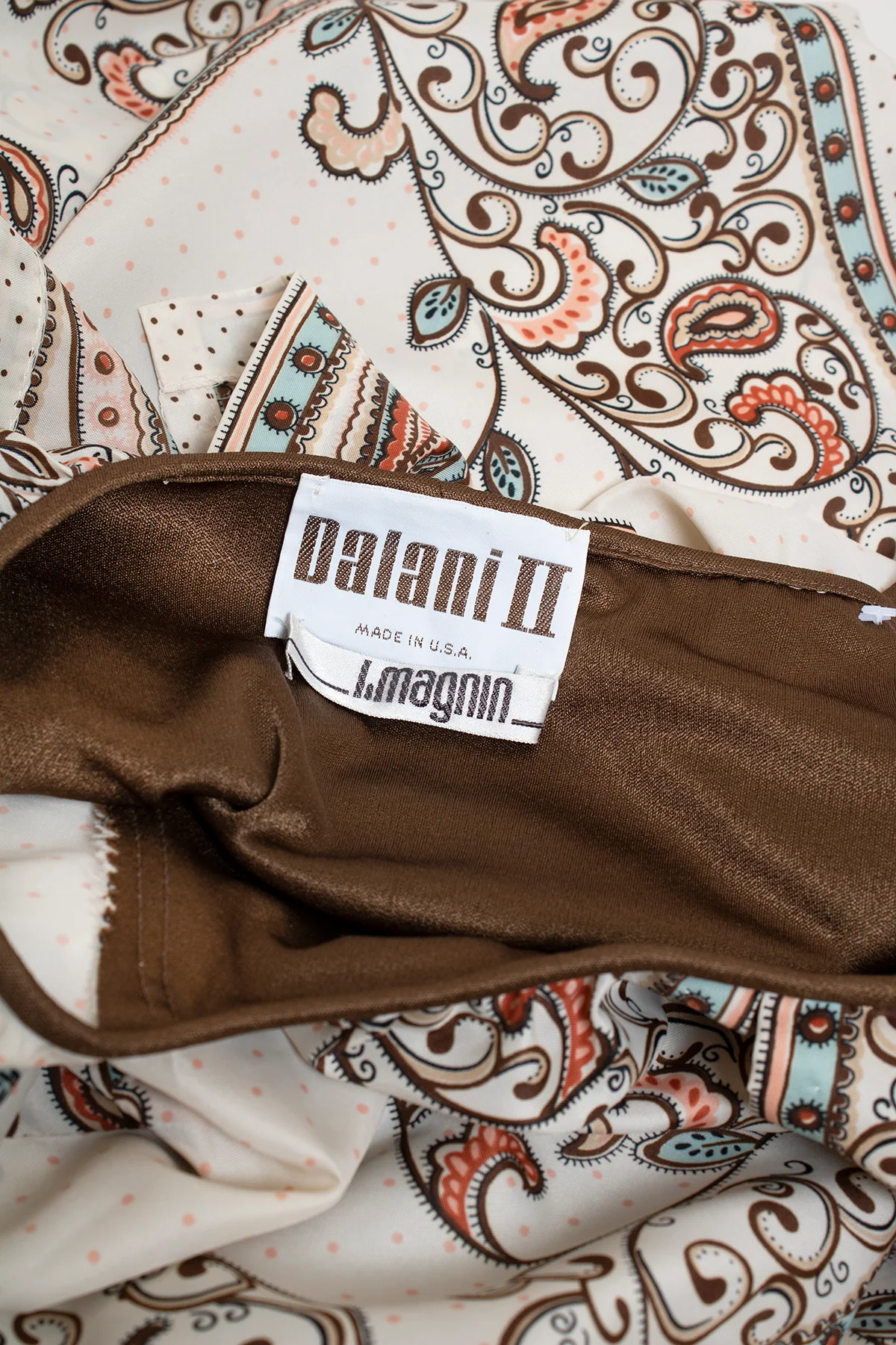 70s Brown& White Paisley Print Maxi Handkerchief Dress By Dalani Ii & I.magnin - Image 9
