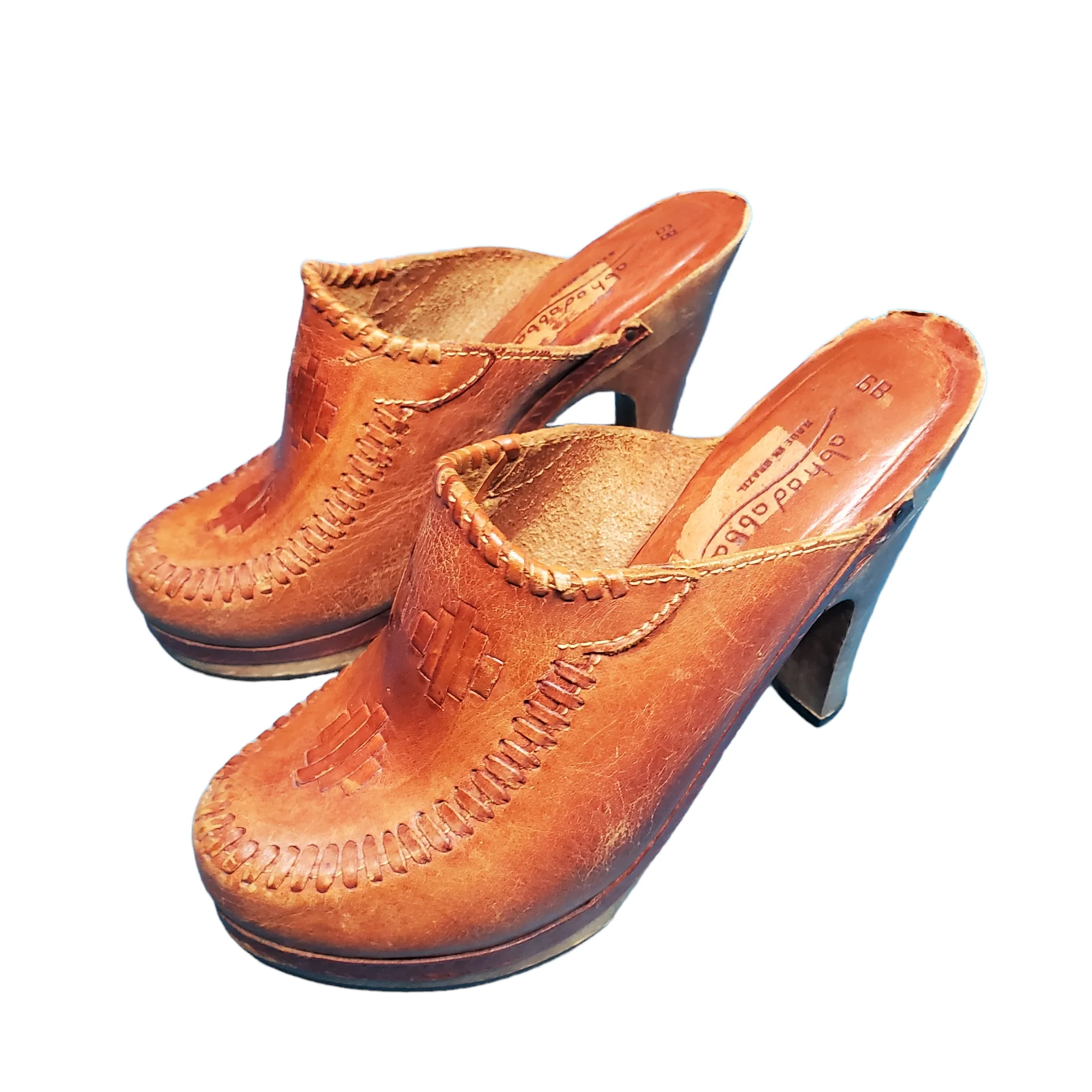 70s Brown Woven Leather Wooden Heel Platform Clogs By Abhadabbas - Image 5