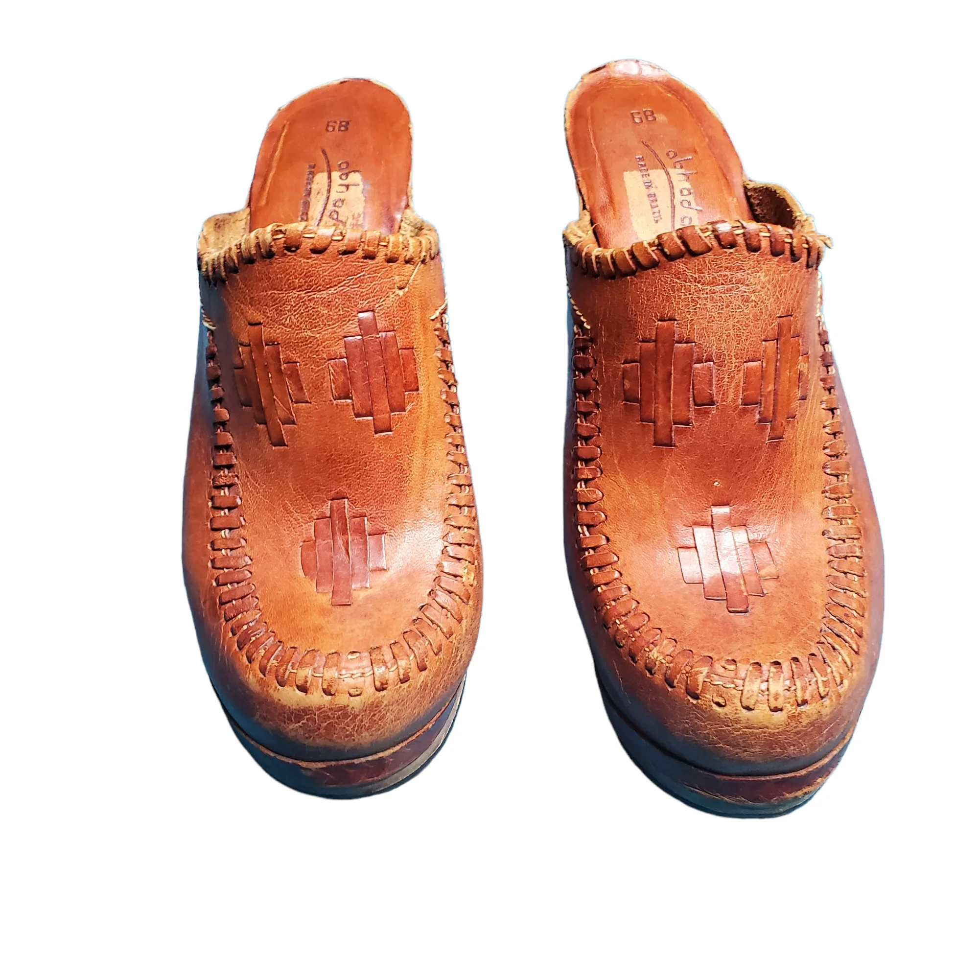 70s Brown Woven Leather Wooden Heel Platform Clogs By Abhadabbas - Image 6