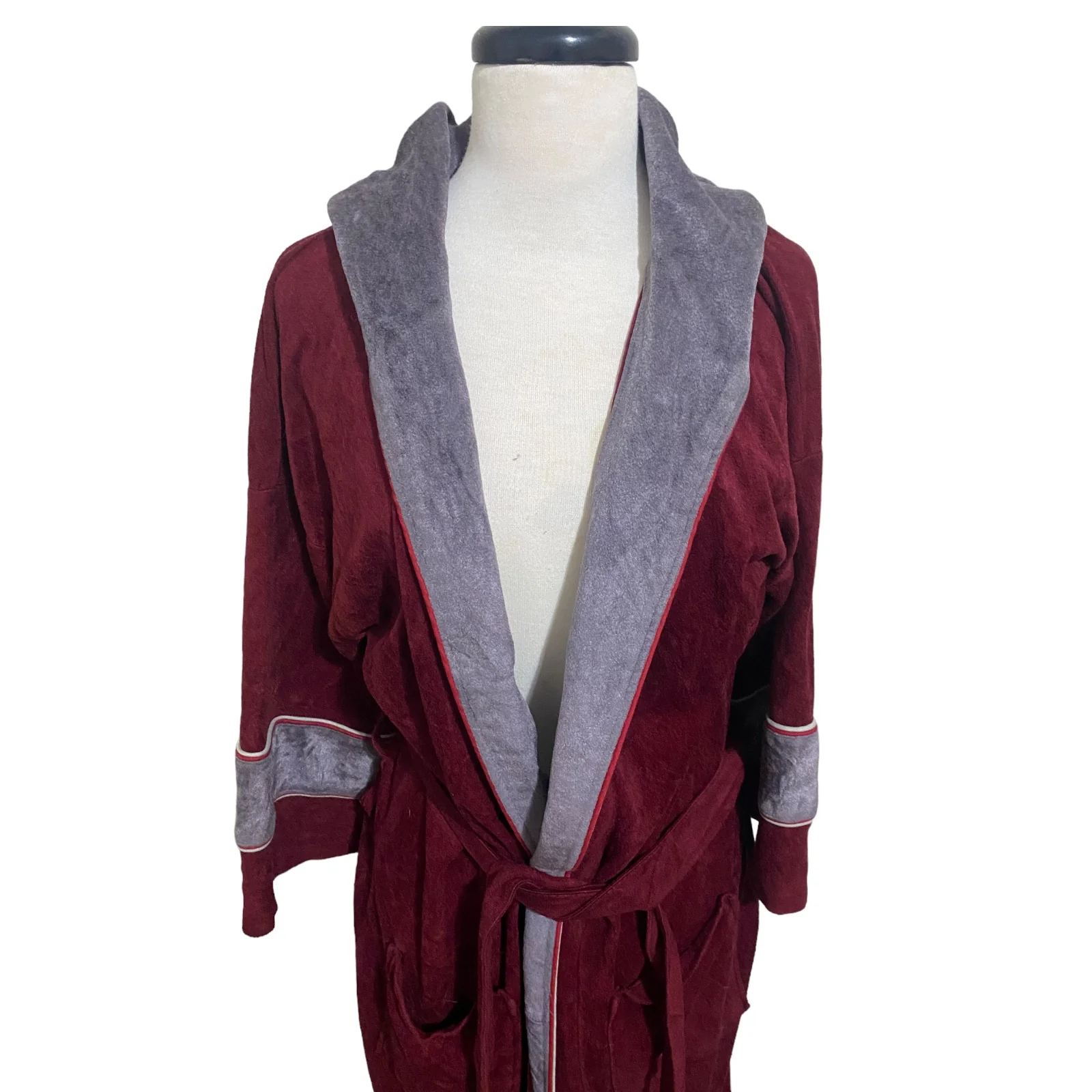 70s Burgundy/gray Velour Hooded Bath Robe One Sz 36-48 By Sears - Image 3