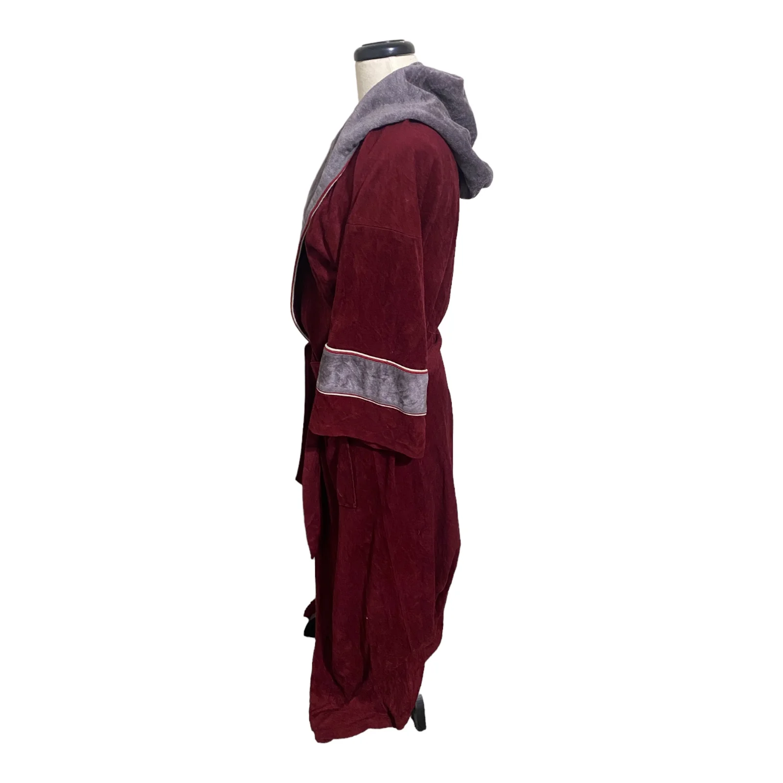 70s Burgundy/gray Velour Hooded Bath Robe One Sz 36-48 By Sears - Image 4