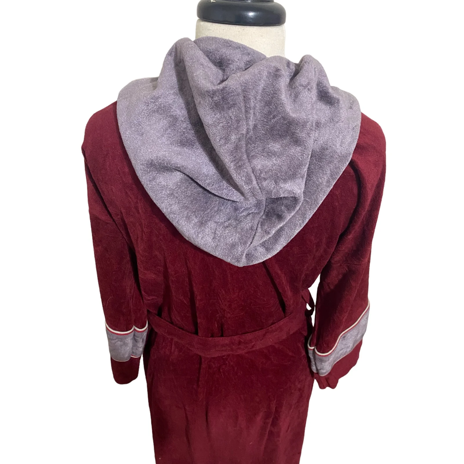 70s Burgundy/gray Velour Hooded Bath Robe One Sz 36-48 By Sears - Image 5