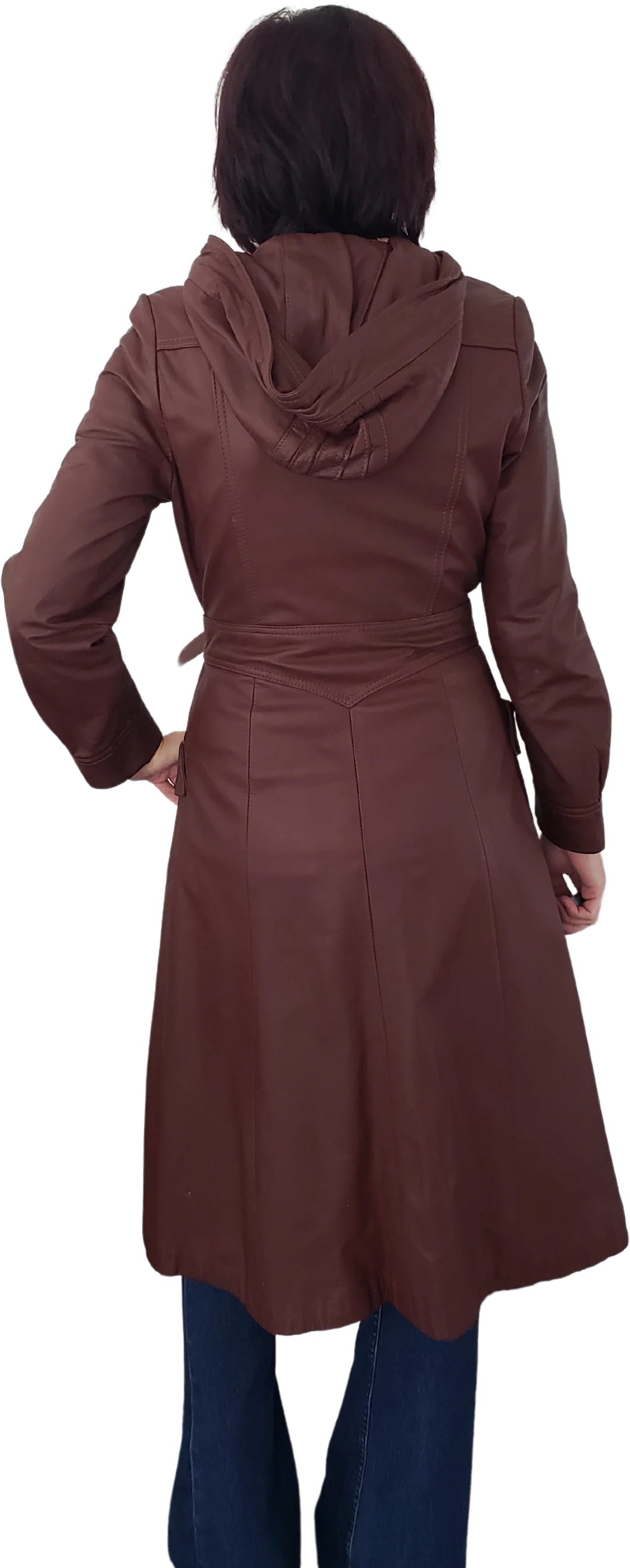 70s Burgundy Leather Trench Coat With Hood By Junior Gallery - Image 2