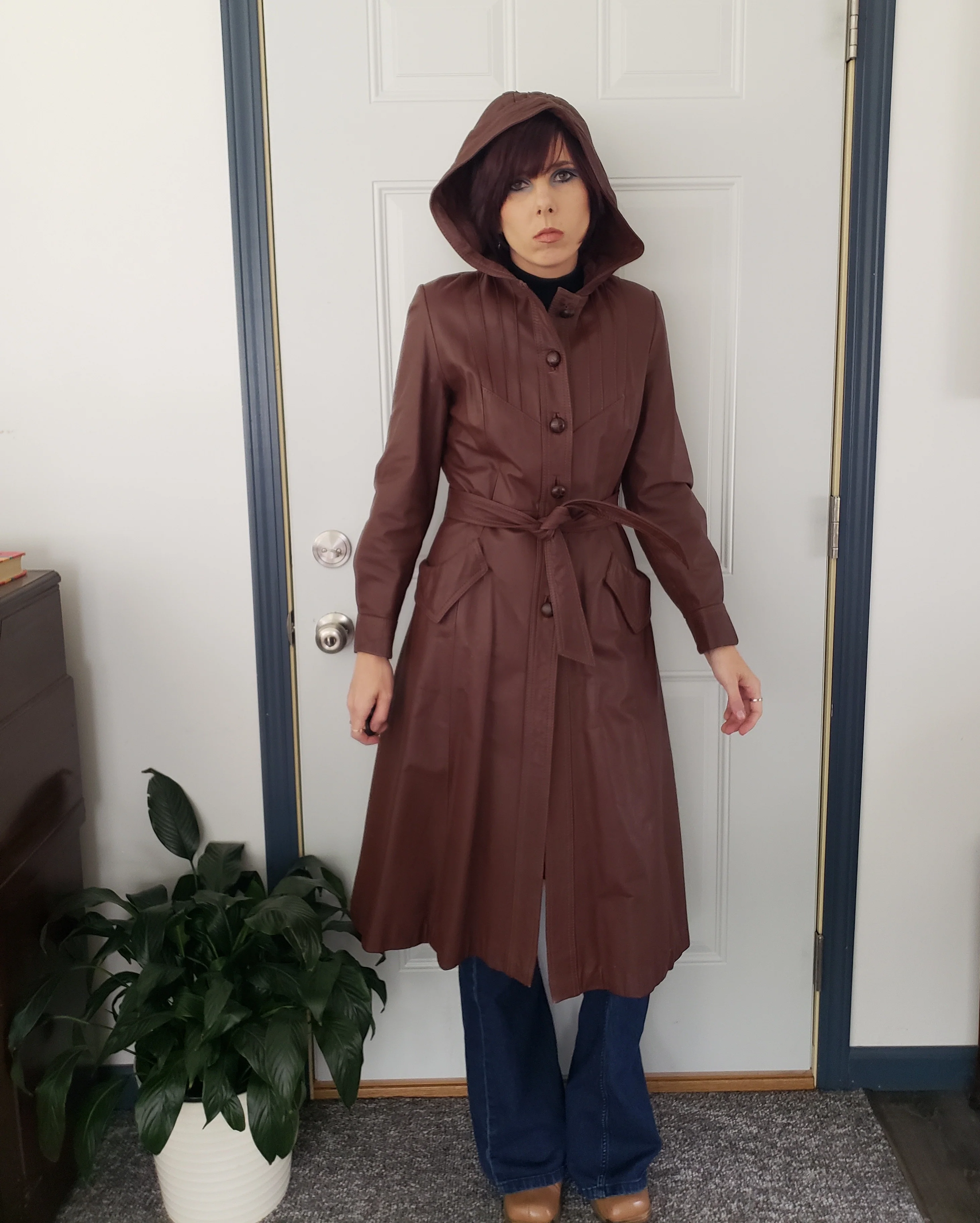 70s Burgundy Leather Trench Coat With Hood By Junior Gallery - Image 4