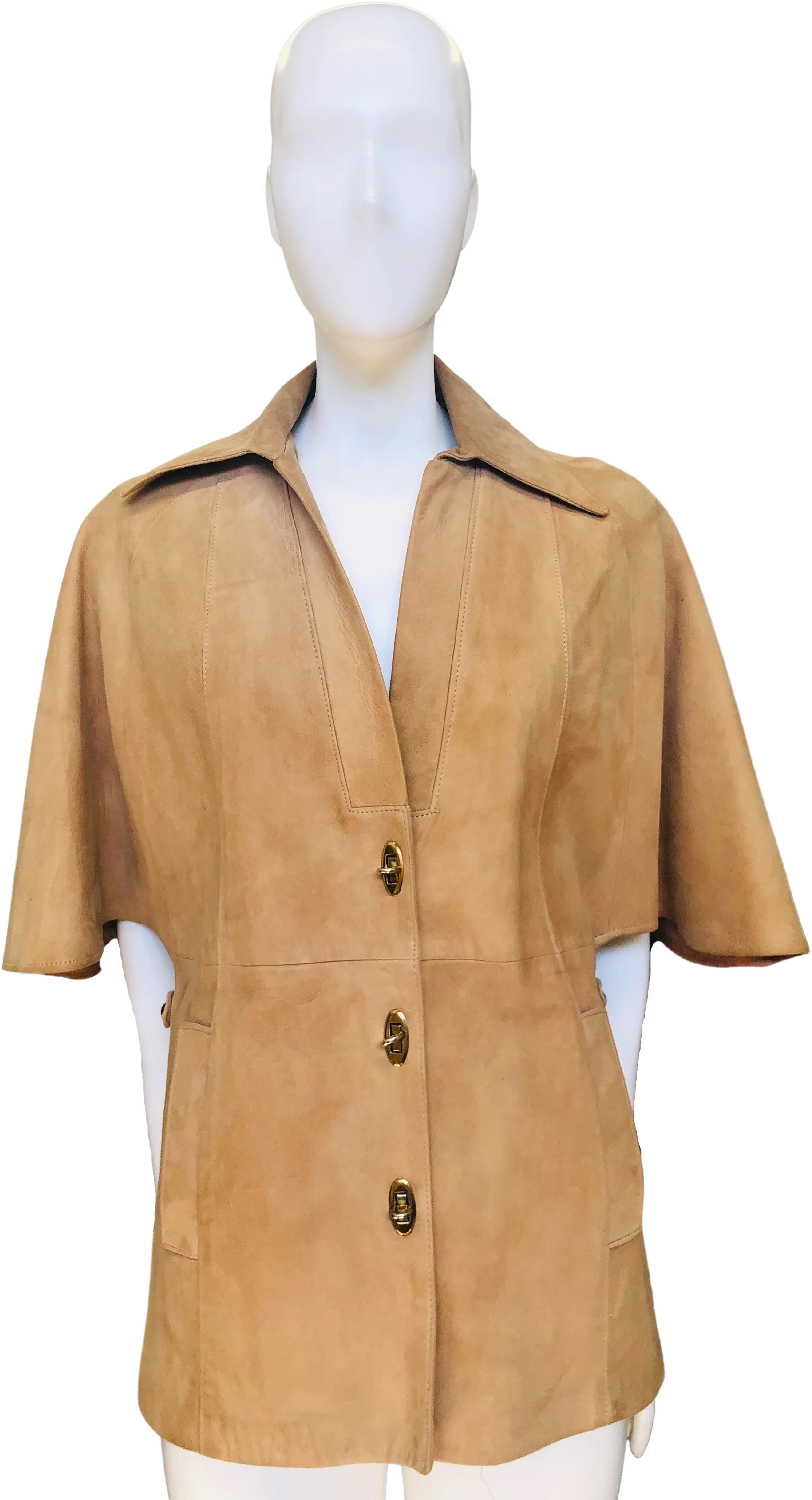 70s Camel Suede Cape With Goldtone Metal Accents