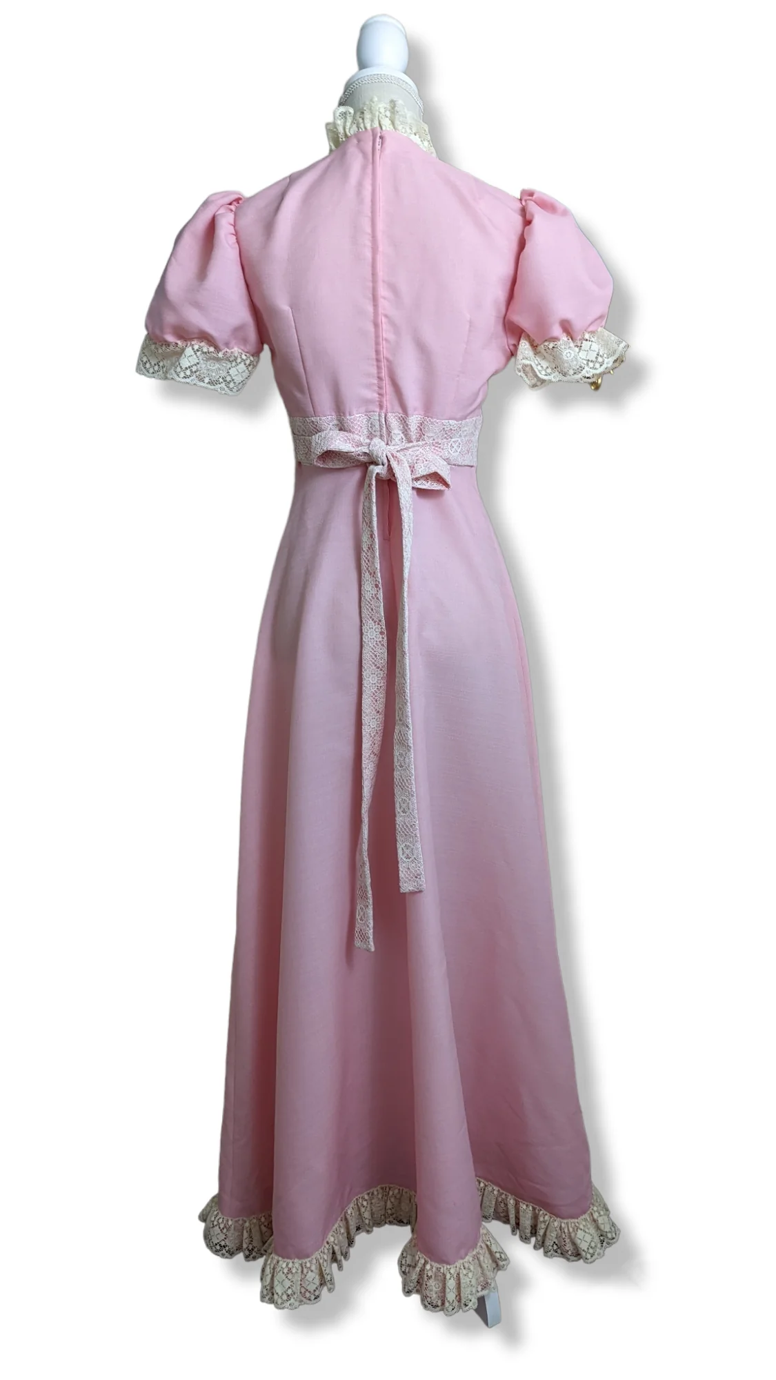 70s Carnation Pink Prairie Dress with Puff Sleeves and Daisy Lace - Image 2