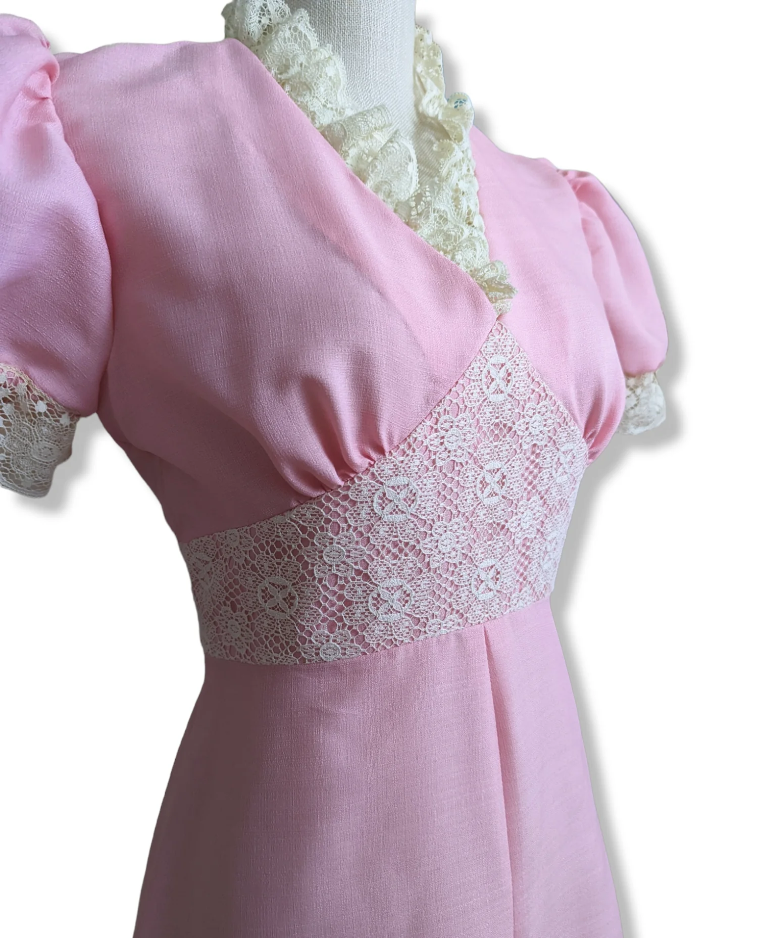70s Carnation Pink Prairie Dress with Puff Sleeves and Daisy Lace - Image 3