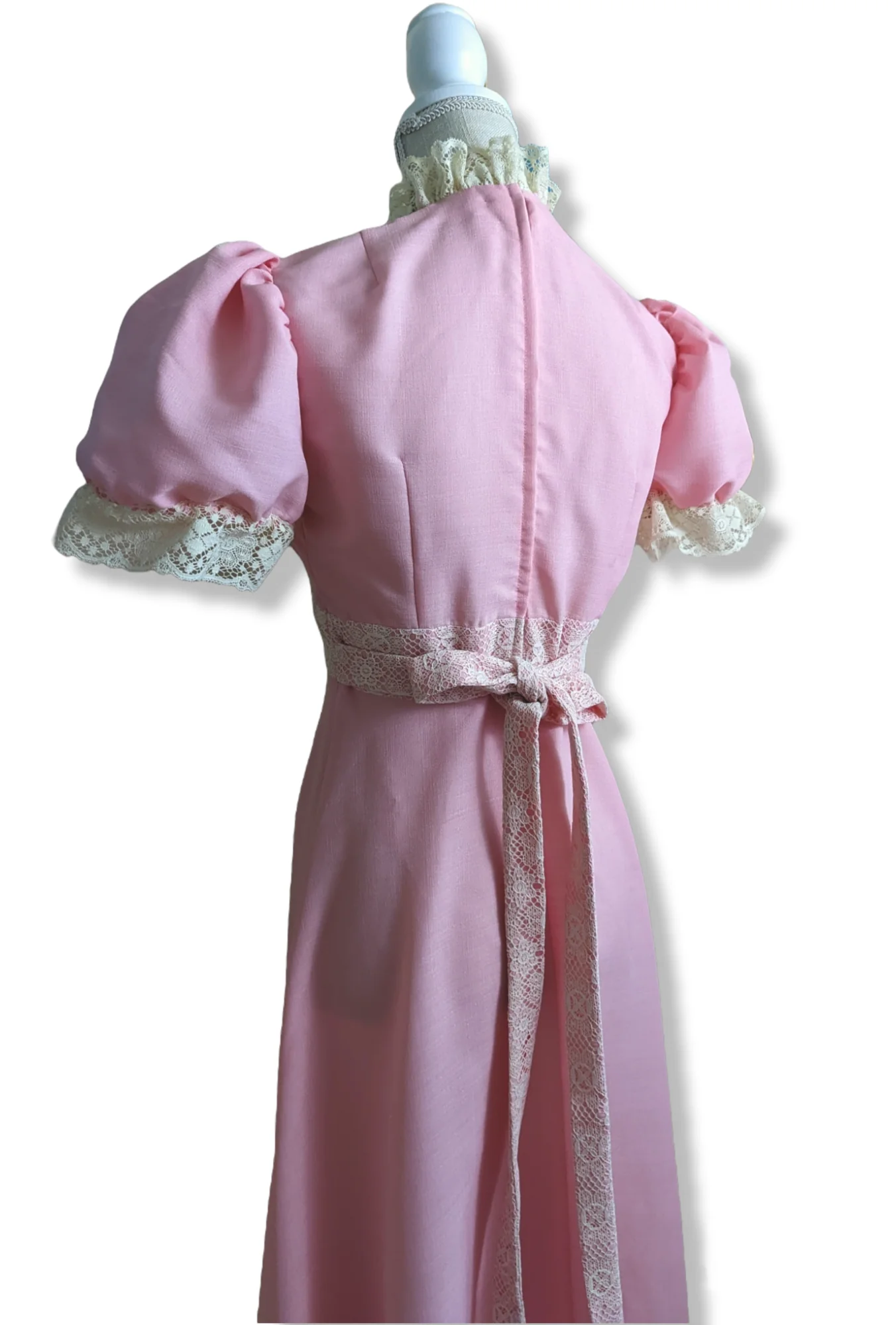 70s Carnation Pink Prairie Dress with Puff Sleeves and Daisy Lace - Image 4