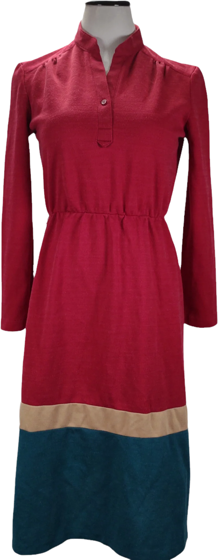 70s Casual V-neck Colorblock Midi Day Shirt Dress By Items California