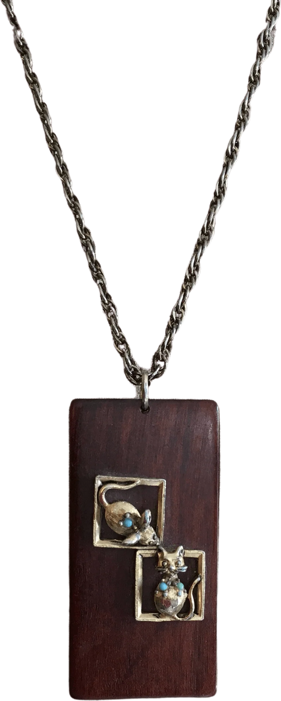 70's Cat and Mouse Game Wooden Pendant Necklace