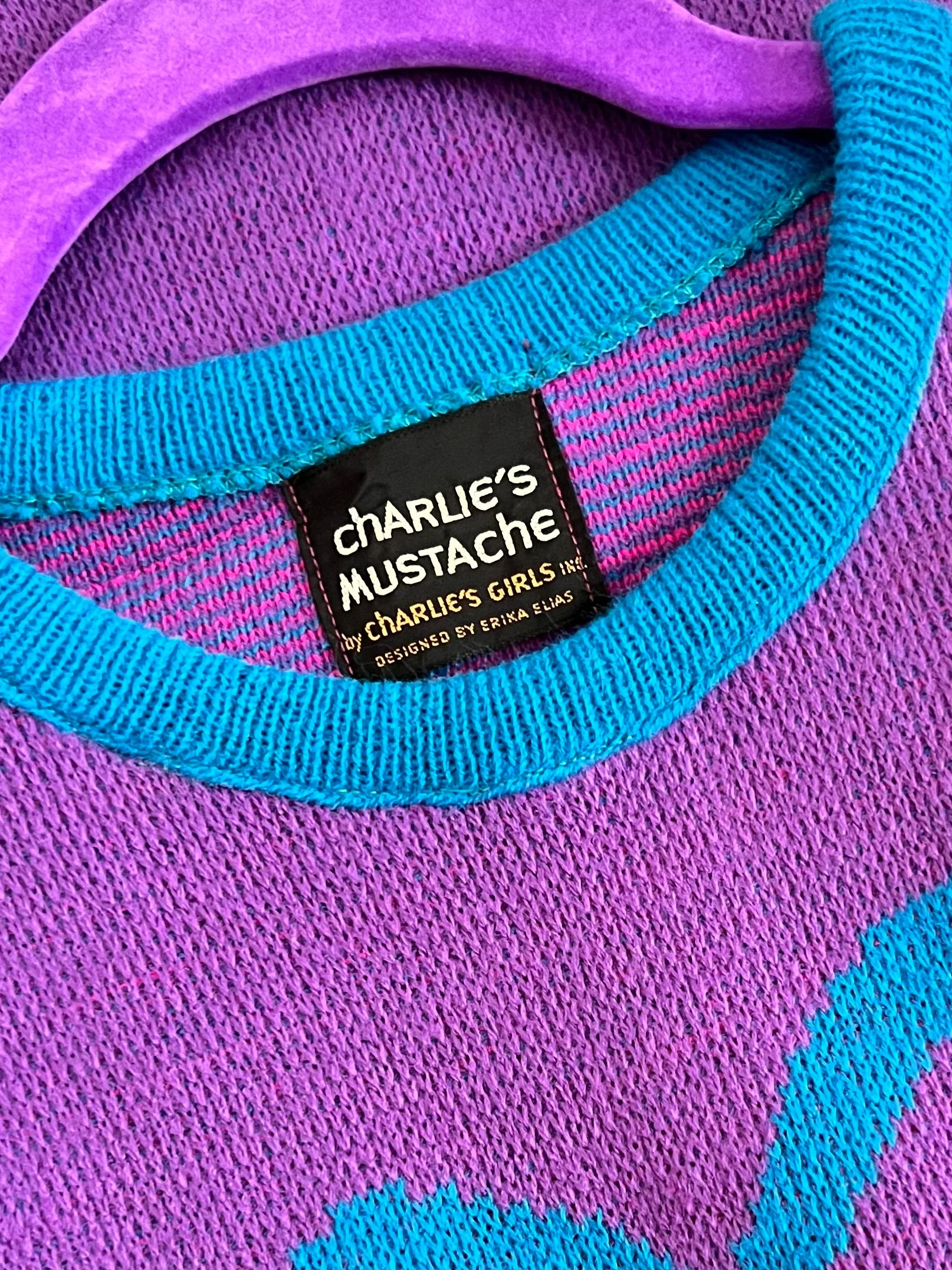 70s Charlie’s Mustache Erika Elias Knit Purple Bow Sweater Mini Dress by Charlie’s Mustache - Image 10
