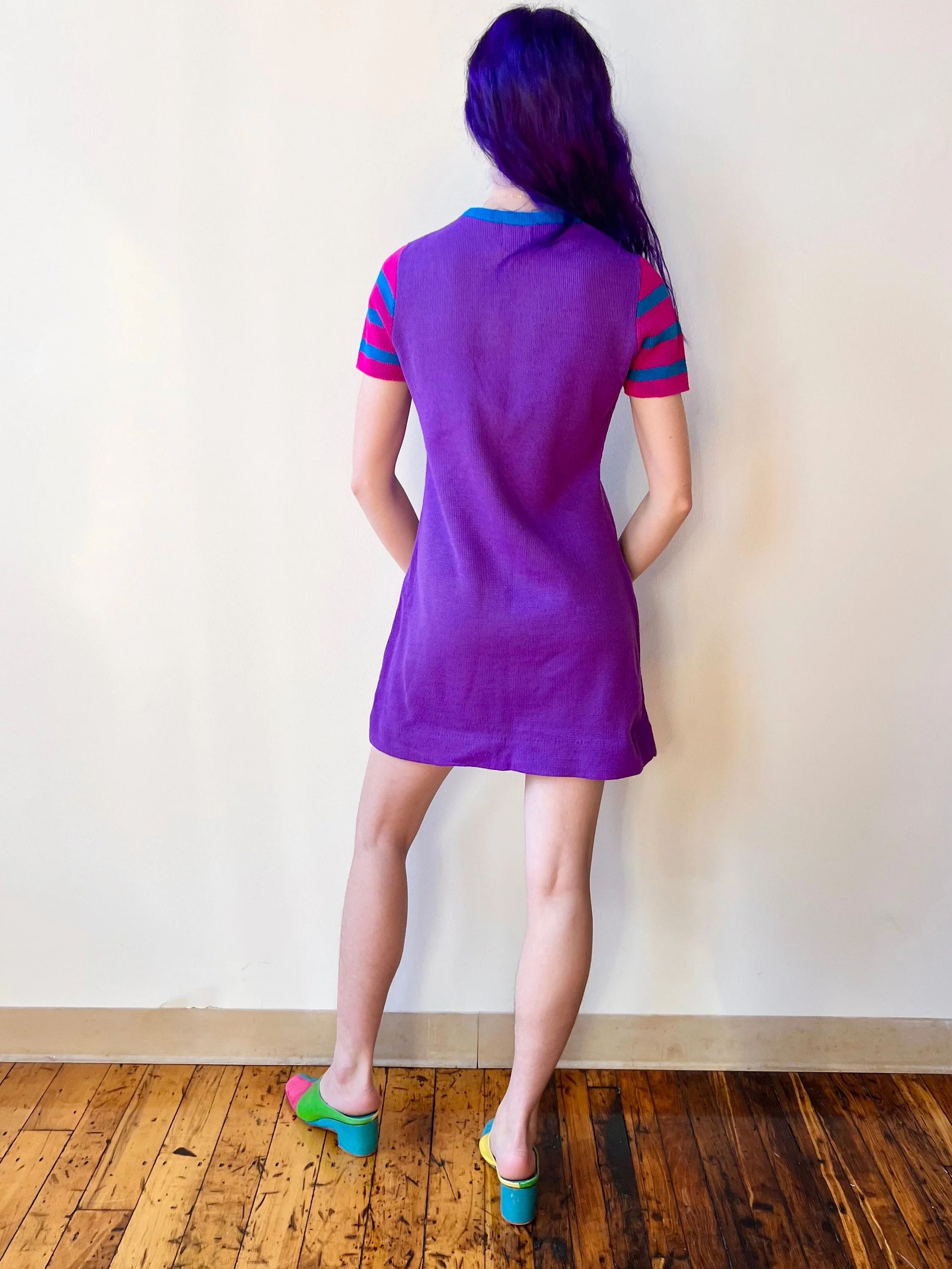 70s Charlie’s Mustache Erika Elias Knit Purple Bow Sweater Mini Dress by Charlie’s Mustache - Image 2