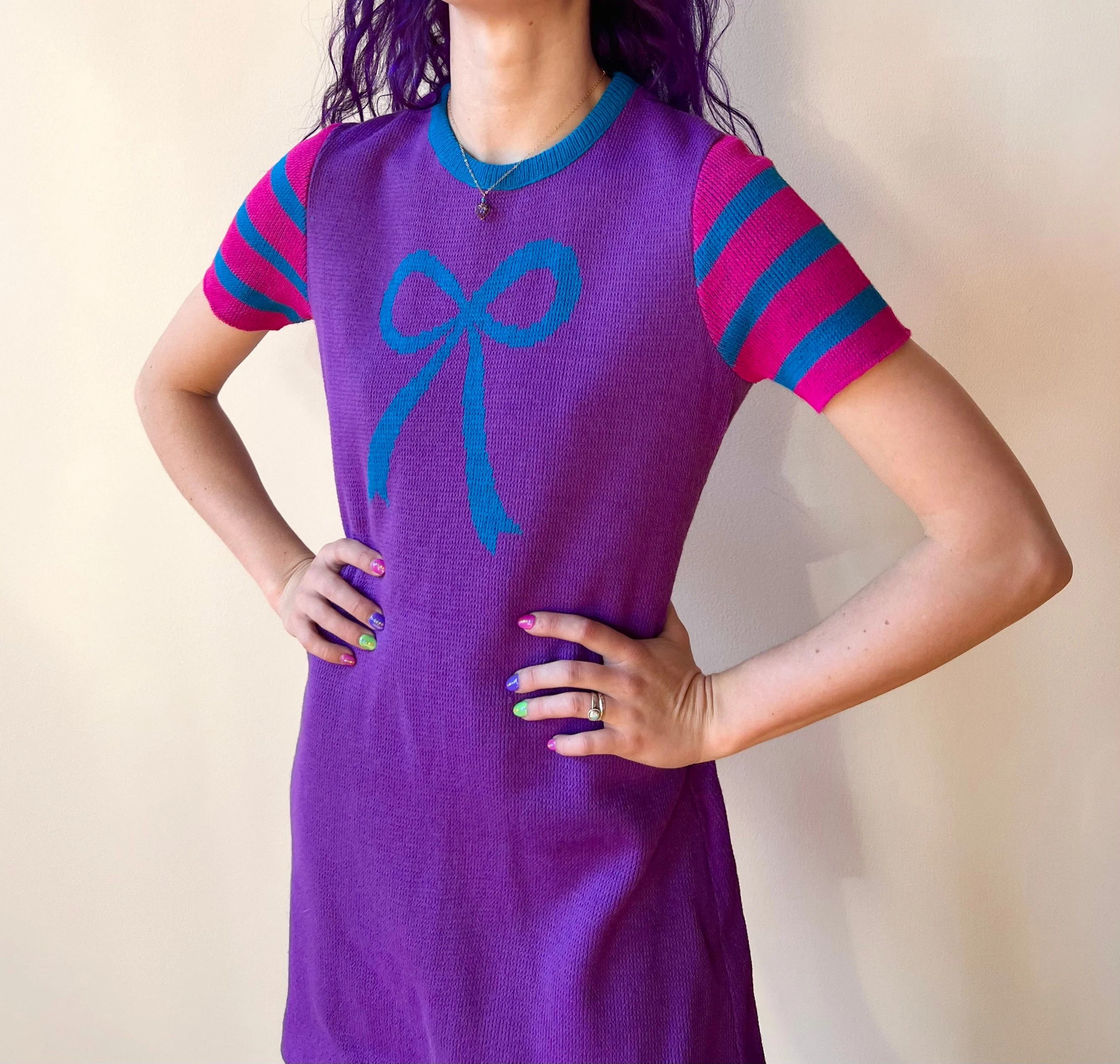 70s Charlie’s Mustache Erika Elias Knit Purple Bow Sweater Mini Dress by Charlie’s Mustache - Image 3