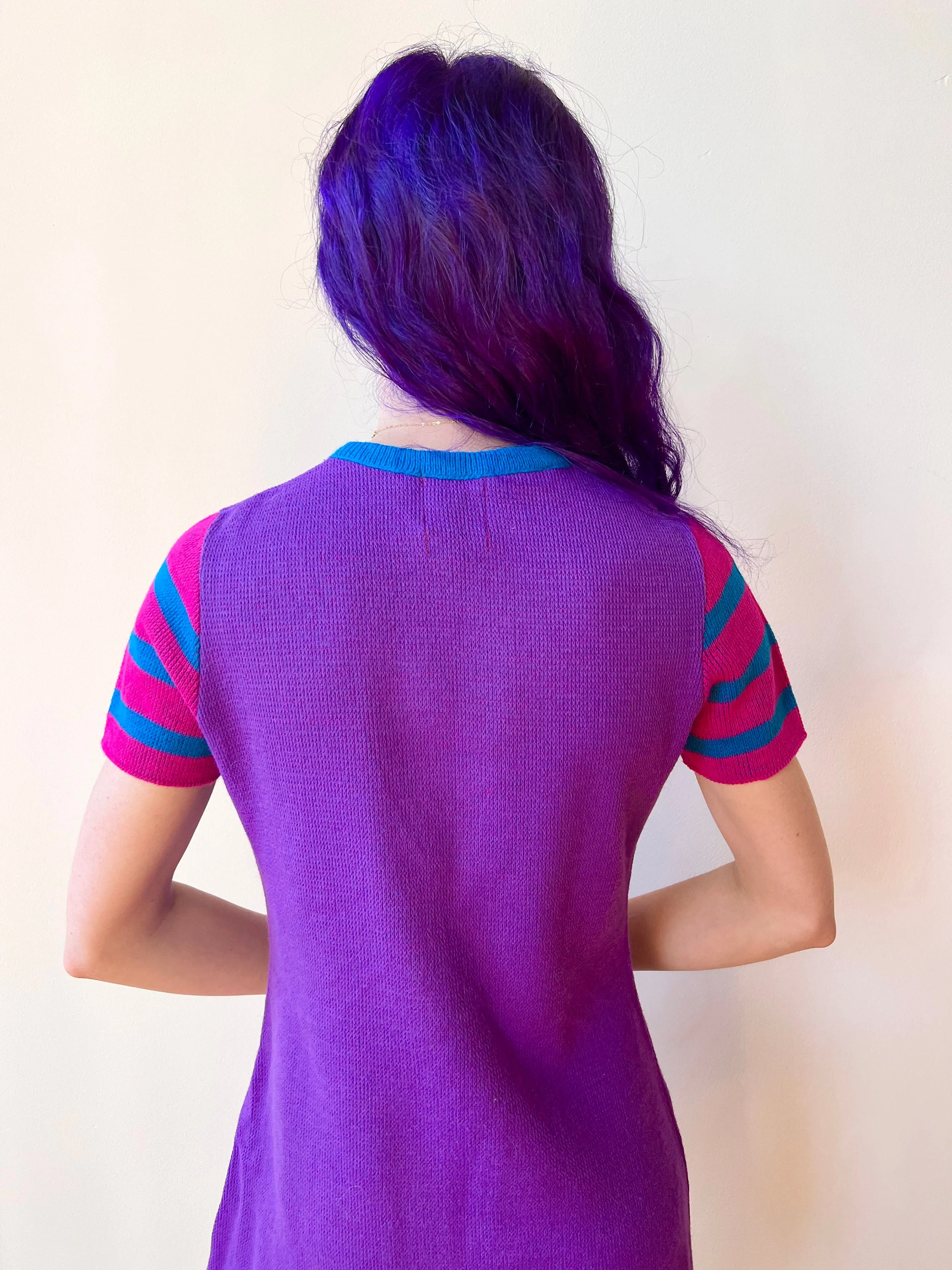 70s Charlie’s Mustache Erika Elias Knit Purple Bow Sweater Mini Dress by Charlie’s Mustache - Image 4