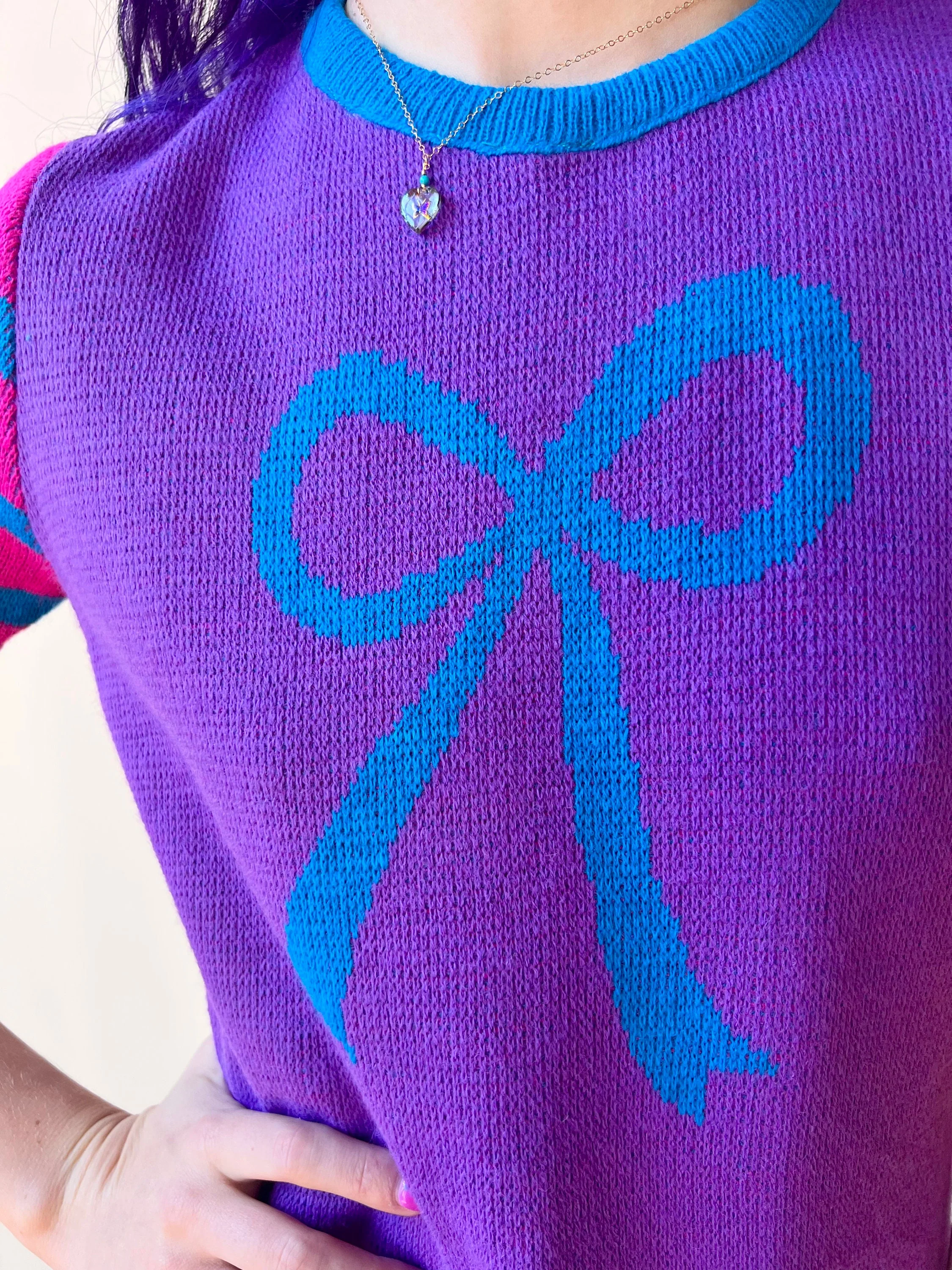 70s Charlie’s Mustache Erika Elias Knit Purple Bow Sweater Mini Dress by Charlie’s Mustache - Image 5
