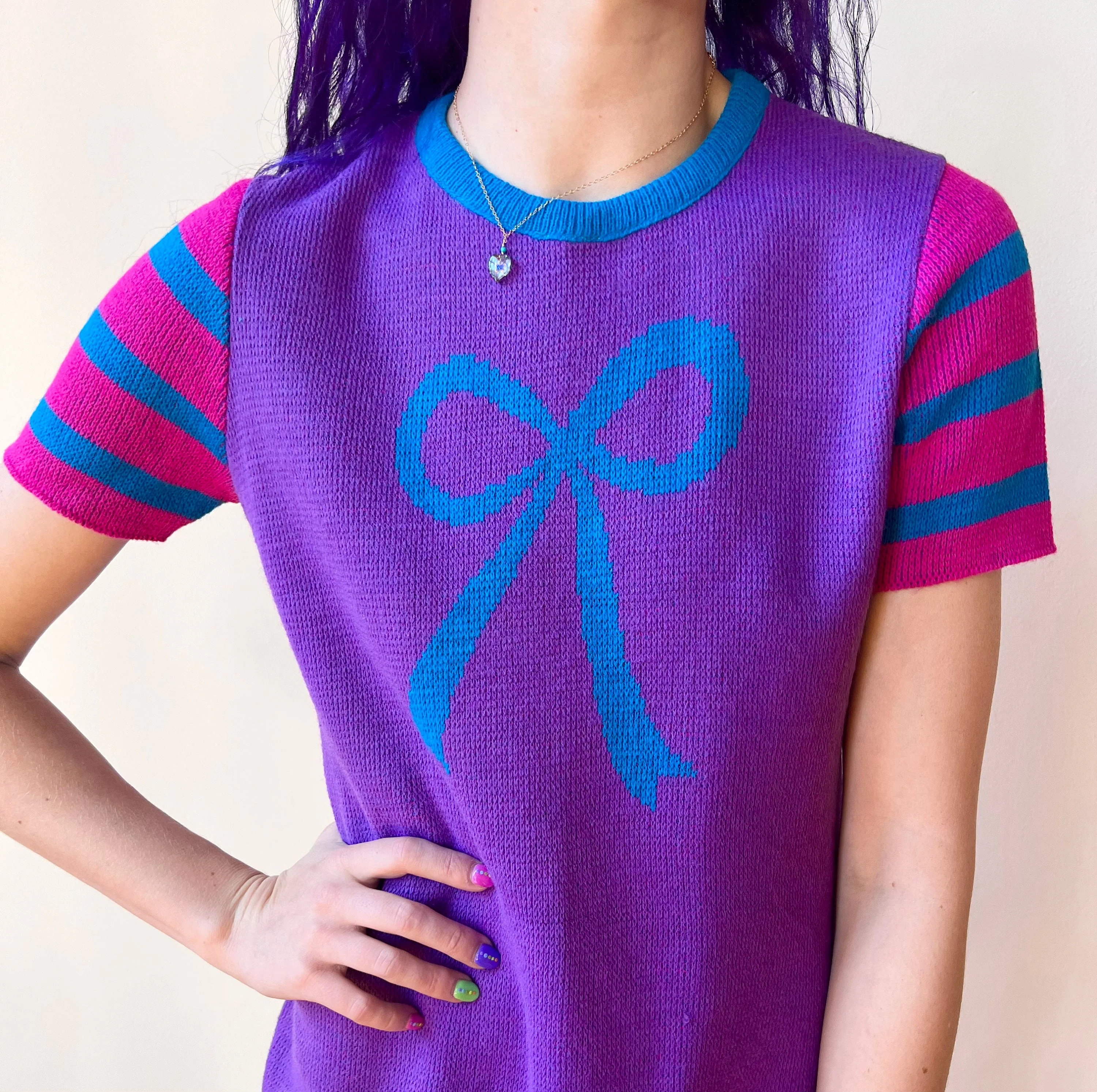 70s Charlie’s Mustache Erika Elias Knit Purple Bow Sweater Mini Dress by Charlie’s Mustache - Image 6