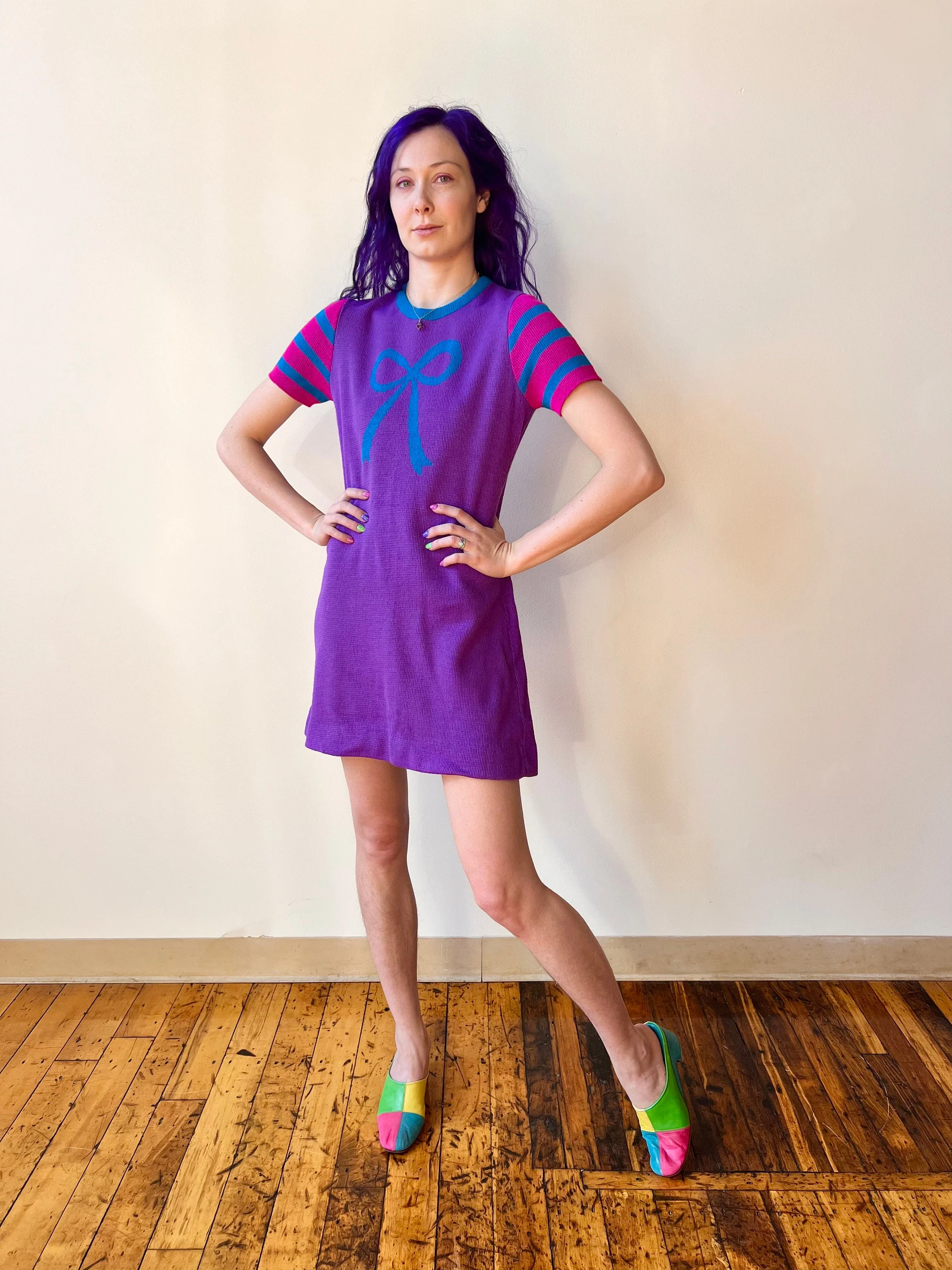 70s Charlie’s Mustache Erika Elias Knit Purple Bow Sweater Mini Dress by Charlie’s Mustache - Image 7
