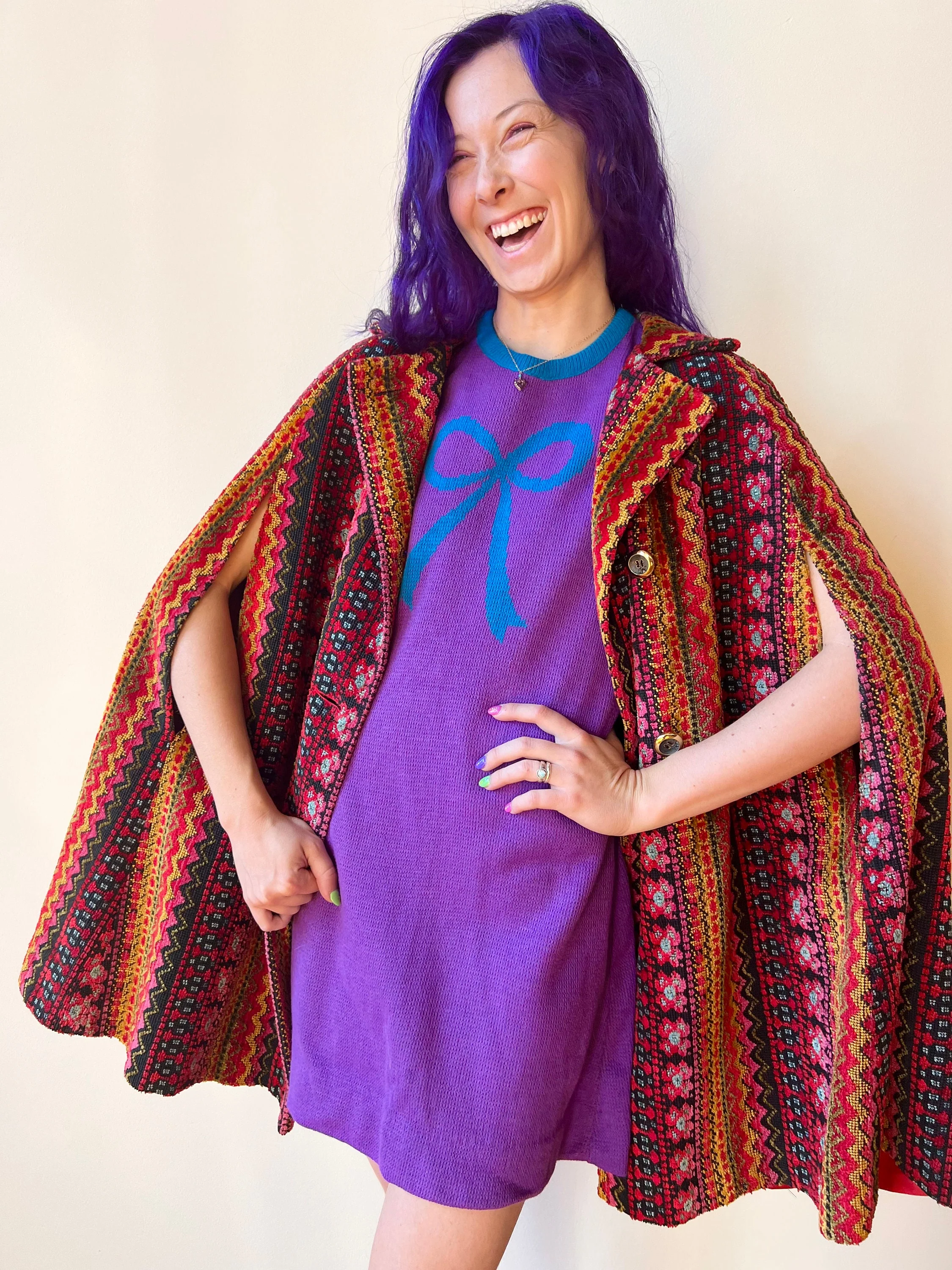 70s Charlie’s Mustache Erika Elias Knit Purple Bow Sweater Mini Dress by Charlie’s Mustache - Image 8