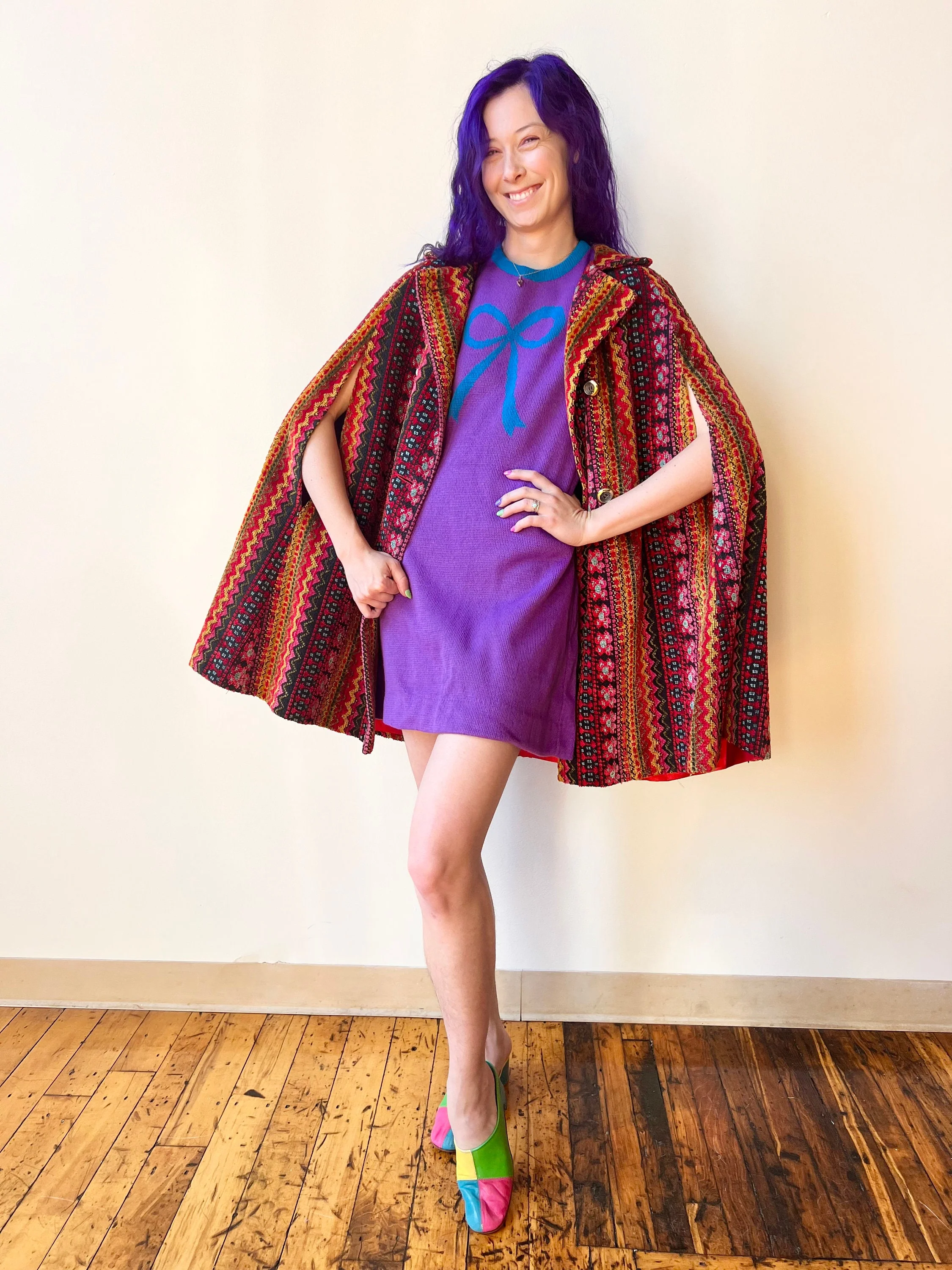 70s Charlie’s Mustache Erika Elias Knit Purple Bow Sweater Mini Dress by Charlie’s Mustache - Image 9