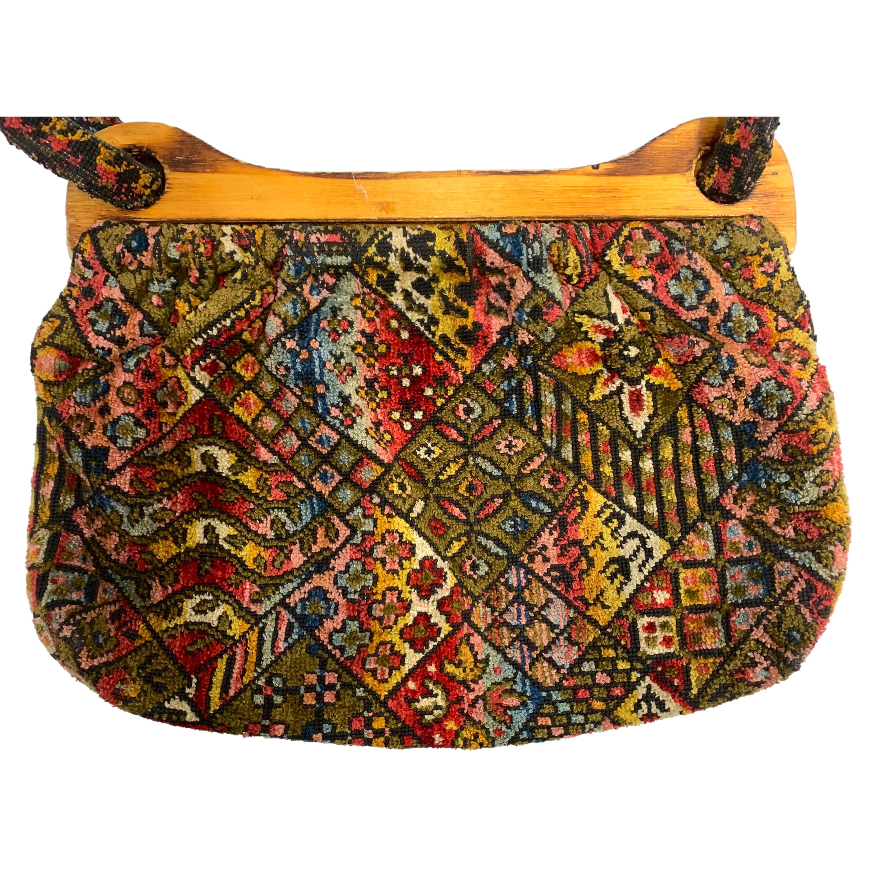 70s Chenille Carpet Bag /tote W Wood Top - Image 5