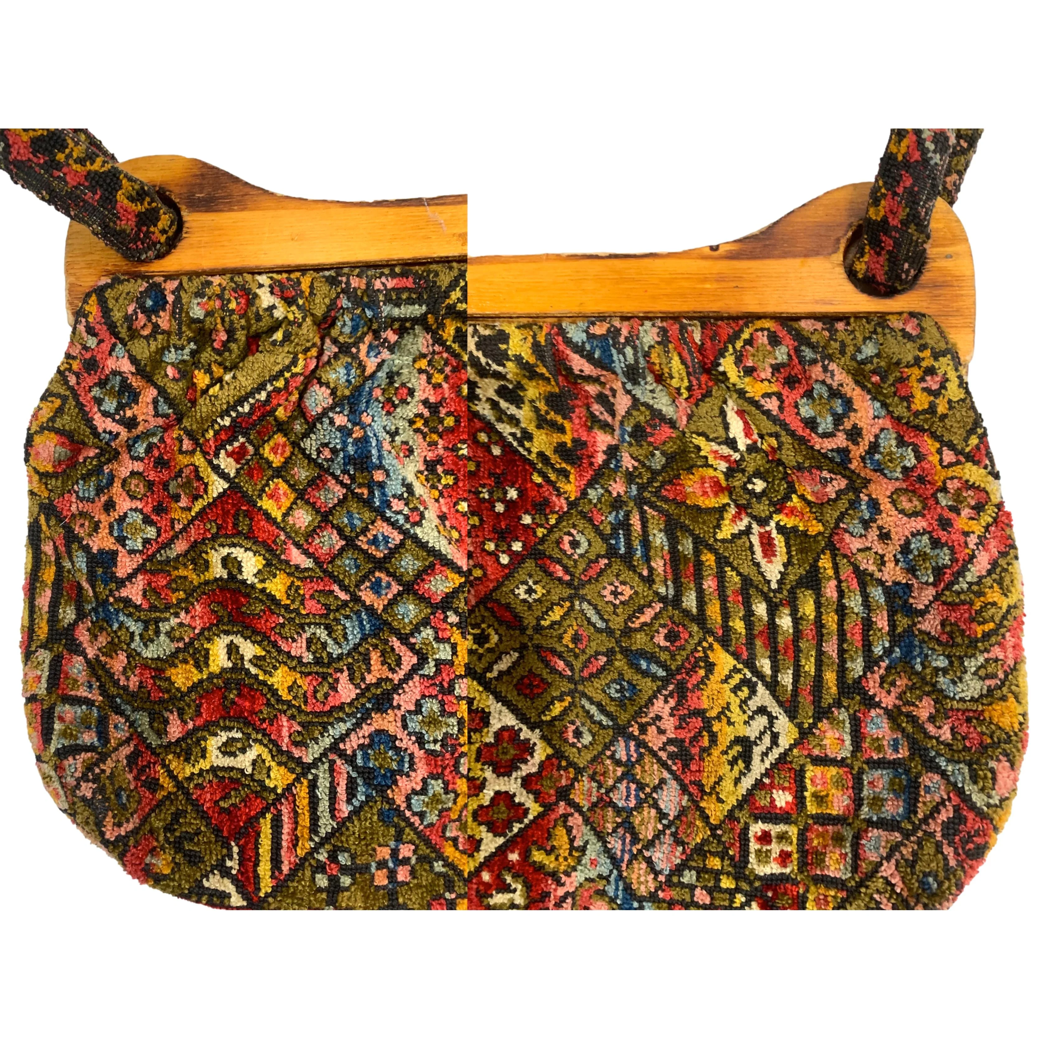 70s Chenille Carpet Bag /tote W Wood Top - Image 7