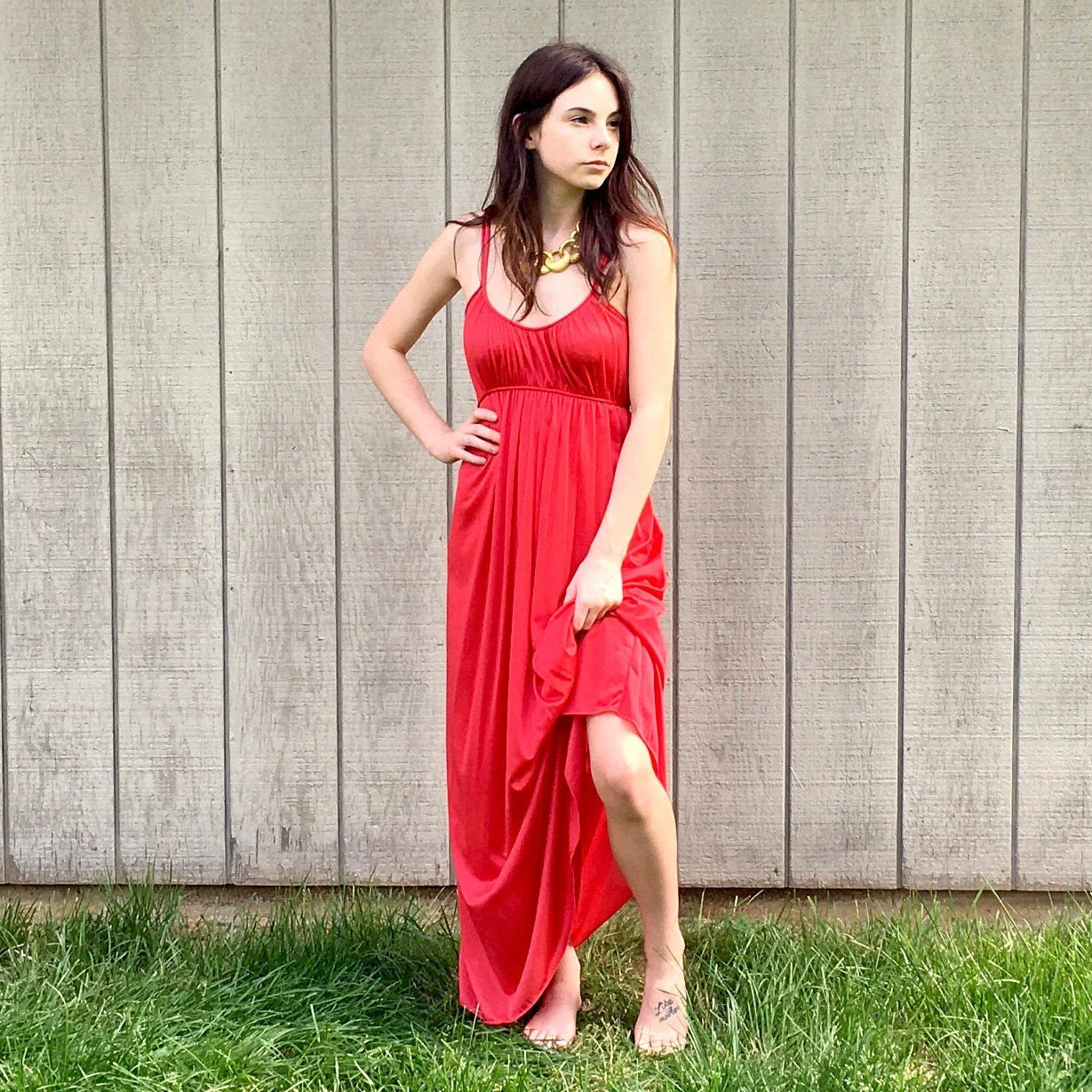 70s Cherry Red Long Halter Grecian Dress Empire Goddess Ethereal Maxi Dress Draped Party Vintage Slip Dress by Kayser - Image 3