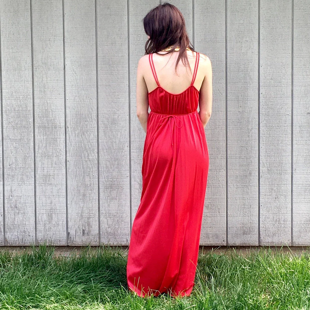 70s Cherry Red Long Halter Grecian Dress Empire Goddess Ethereal Maxi Dress Draped Party Vintage Slip Dress by Kayser - Image 5