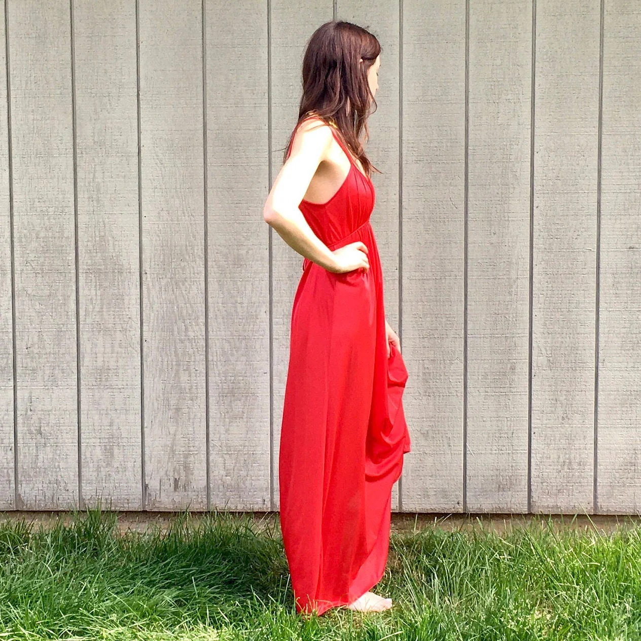 70s Cherry Red Long Halter Grecian Dress Empire Goddess Ethereal Maxi Dress Draped Party Vintage Slip Dress by Kayser - Image 6
