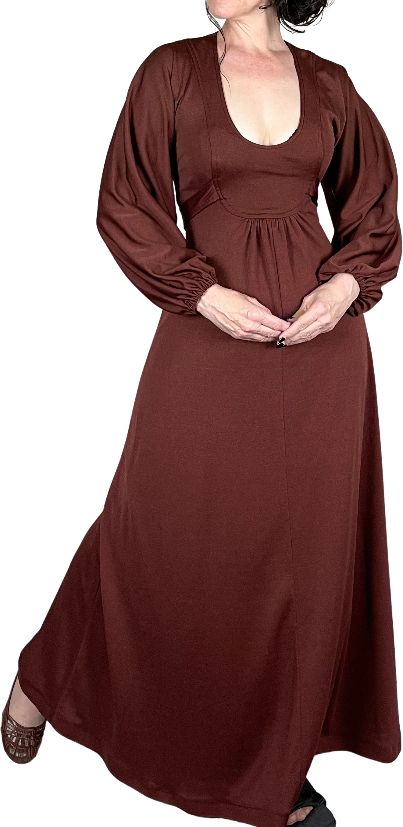 70s Chestnut Brown Puff Sleeve Open Back Maxi Dress by Phase II