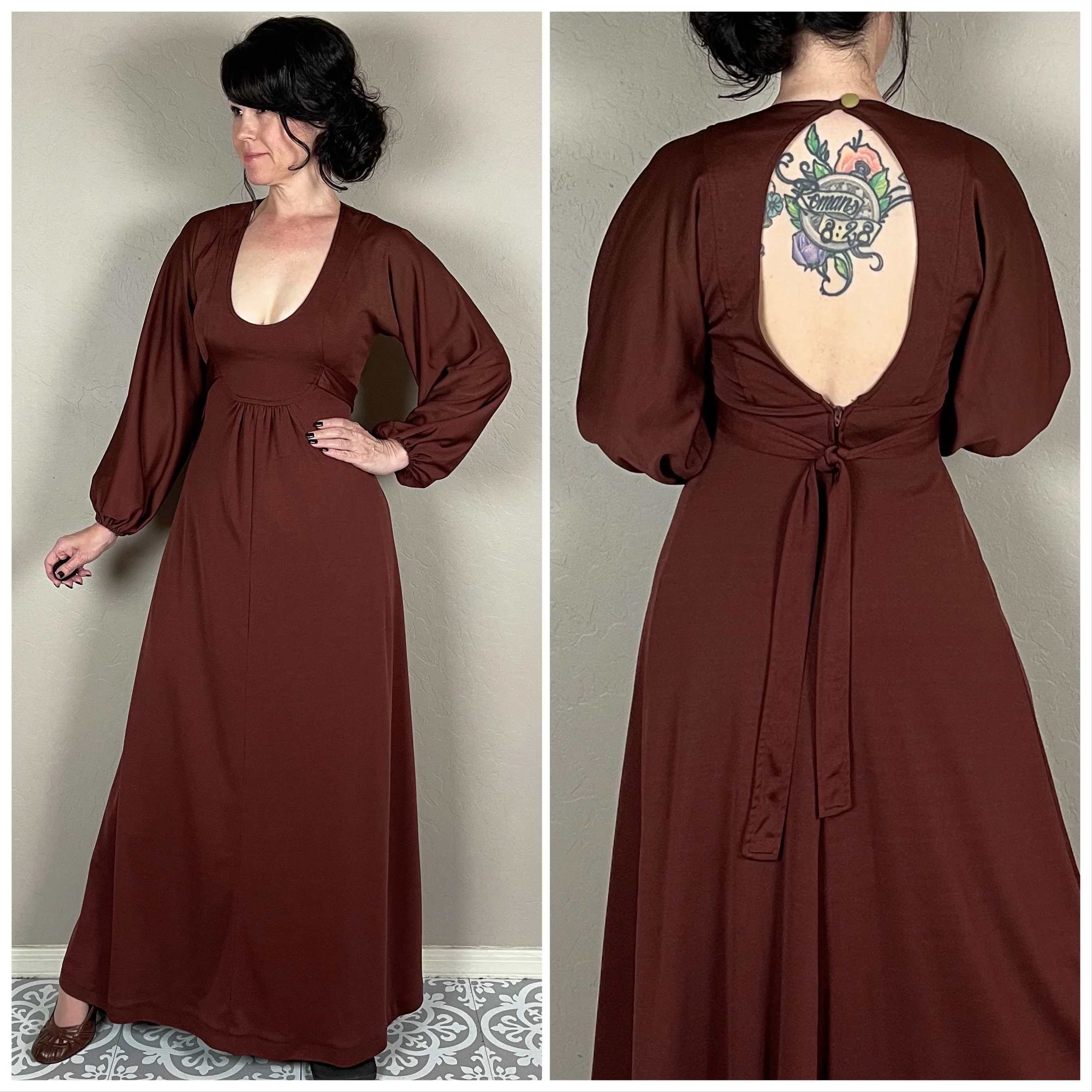 70s Chestnut Brown Puff Sleeve Open Back Maxi Dress by Phase II - Image 2